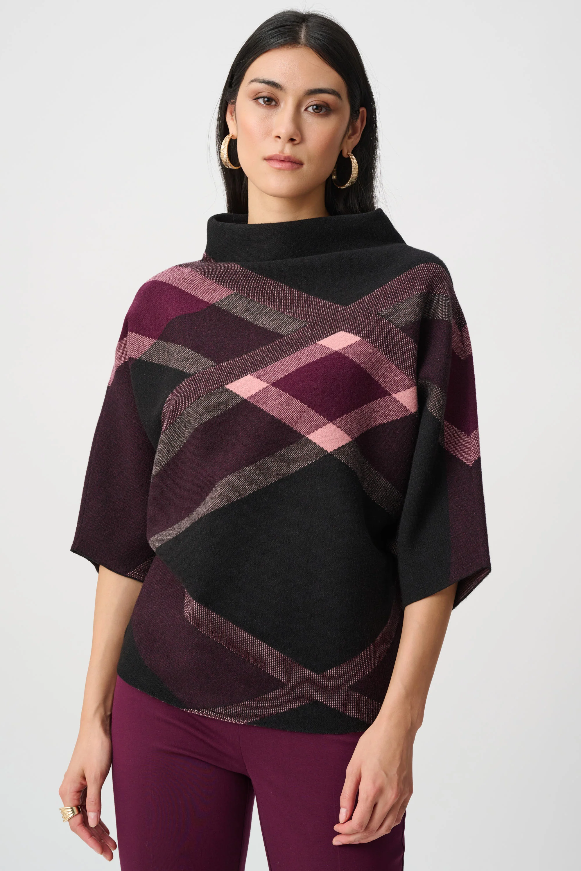 Joseph Ribkoff Brushed Plaid Funnel-Neck Sweater Style 263947