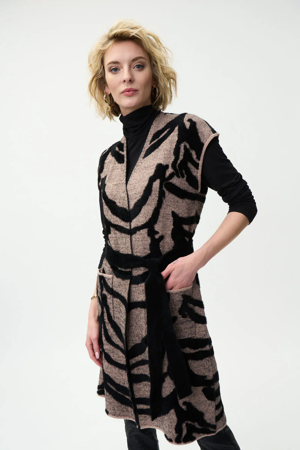 Joseph Ribkoff Camel/Black Animal Print Knit Vest Style 224947 - Image 2