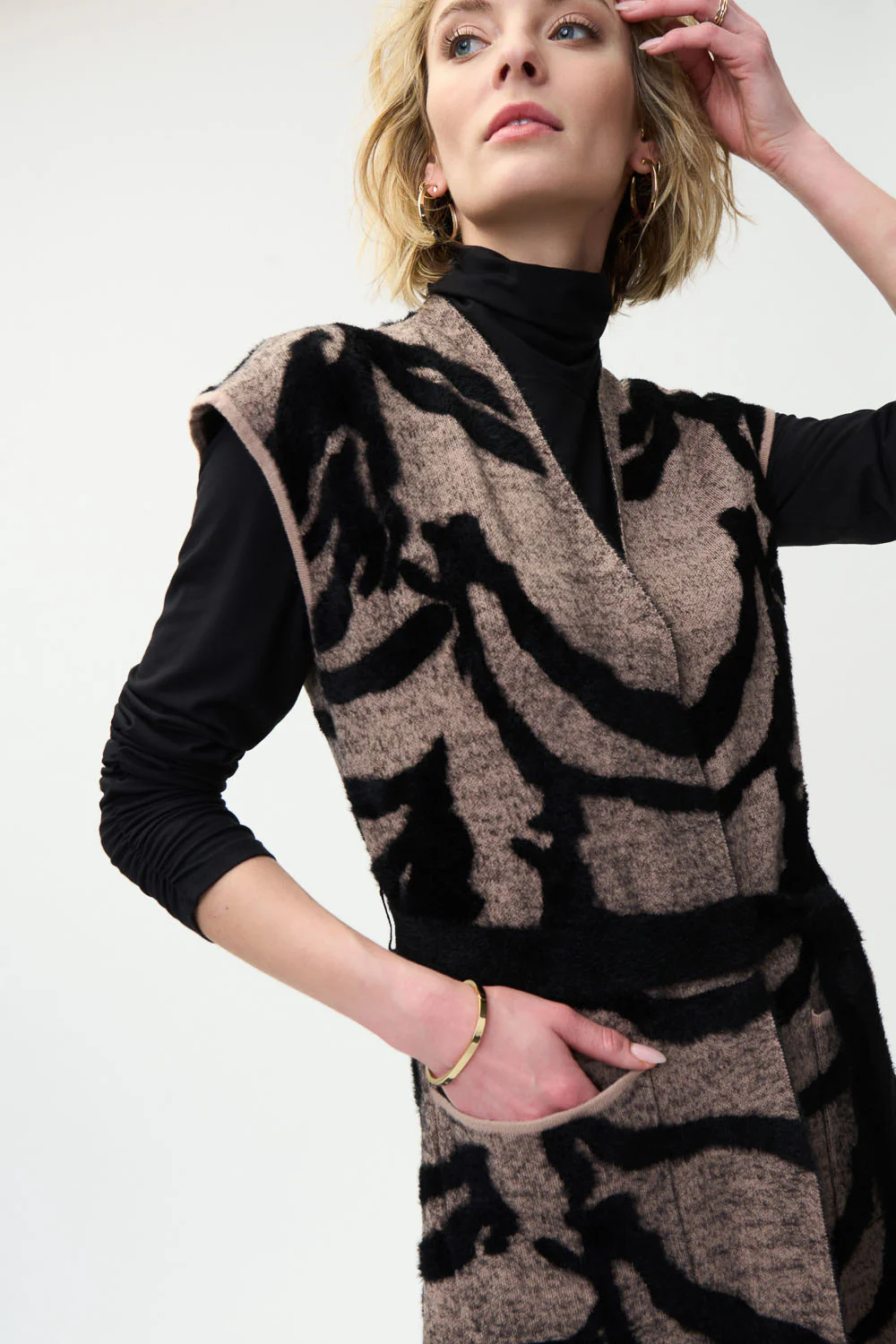Joseph Ribkoff Camel/Black Animal Print Knit Vest Style 224947 - Image 3