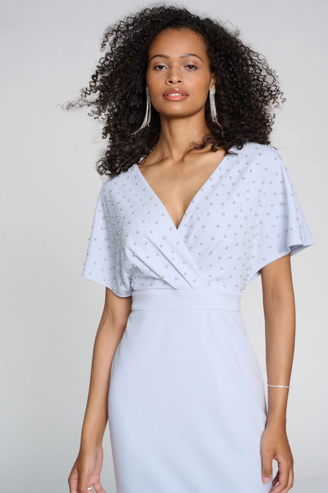 Joseph Ribkoff Celestial Blue Wrap Dress with Pearl Detail Style 241761 - Image 2