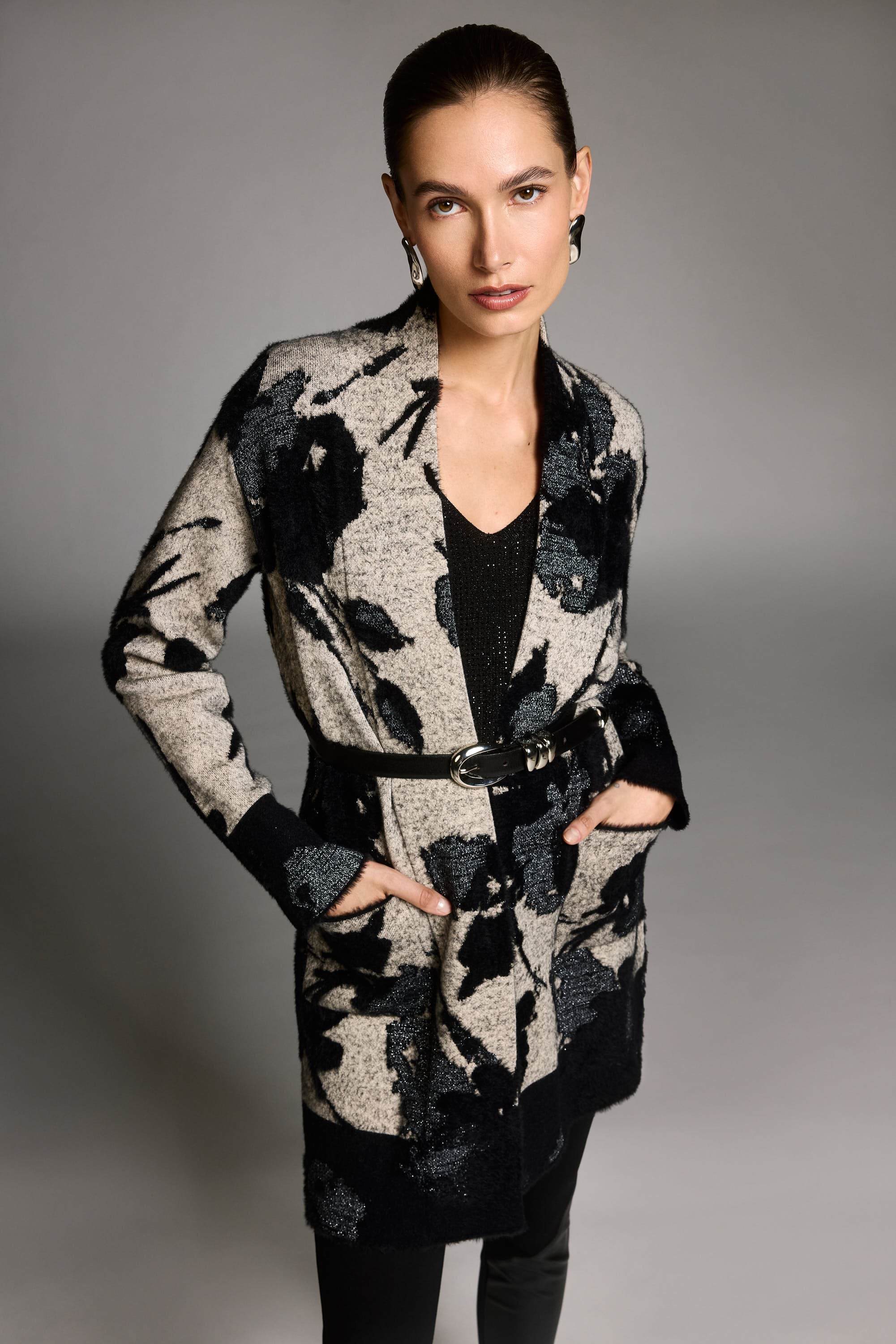 Joseph Ribkoff Champagne/Black Abstract Print Long Cardigan Style 253956