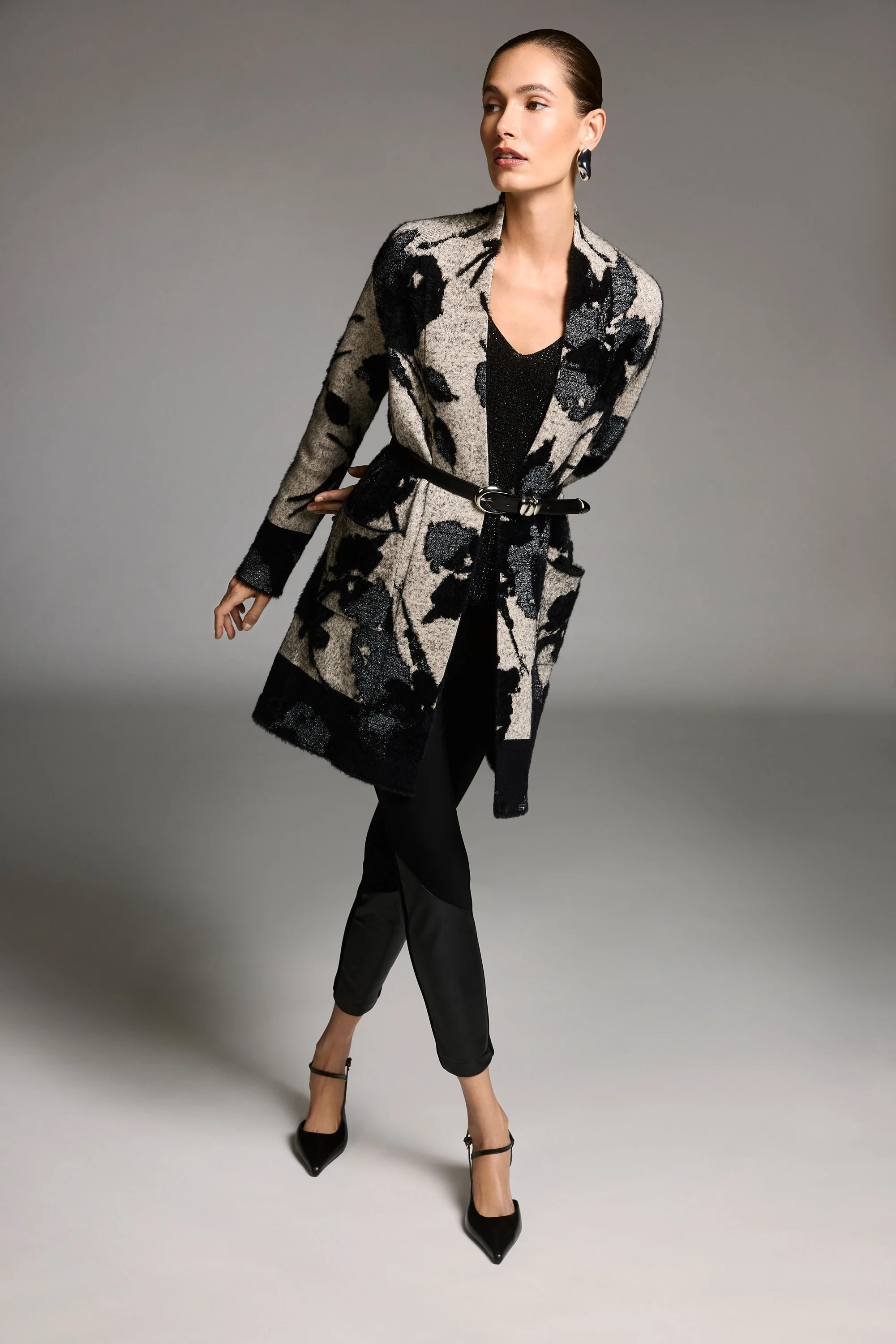 Joseph Ribkoff Champagne/Black Abstract Print Long Cardigan Style 253956 - Image 2