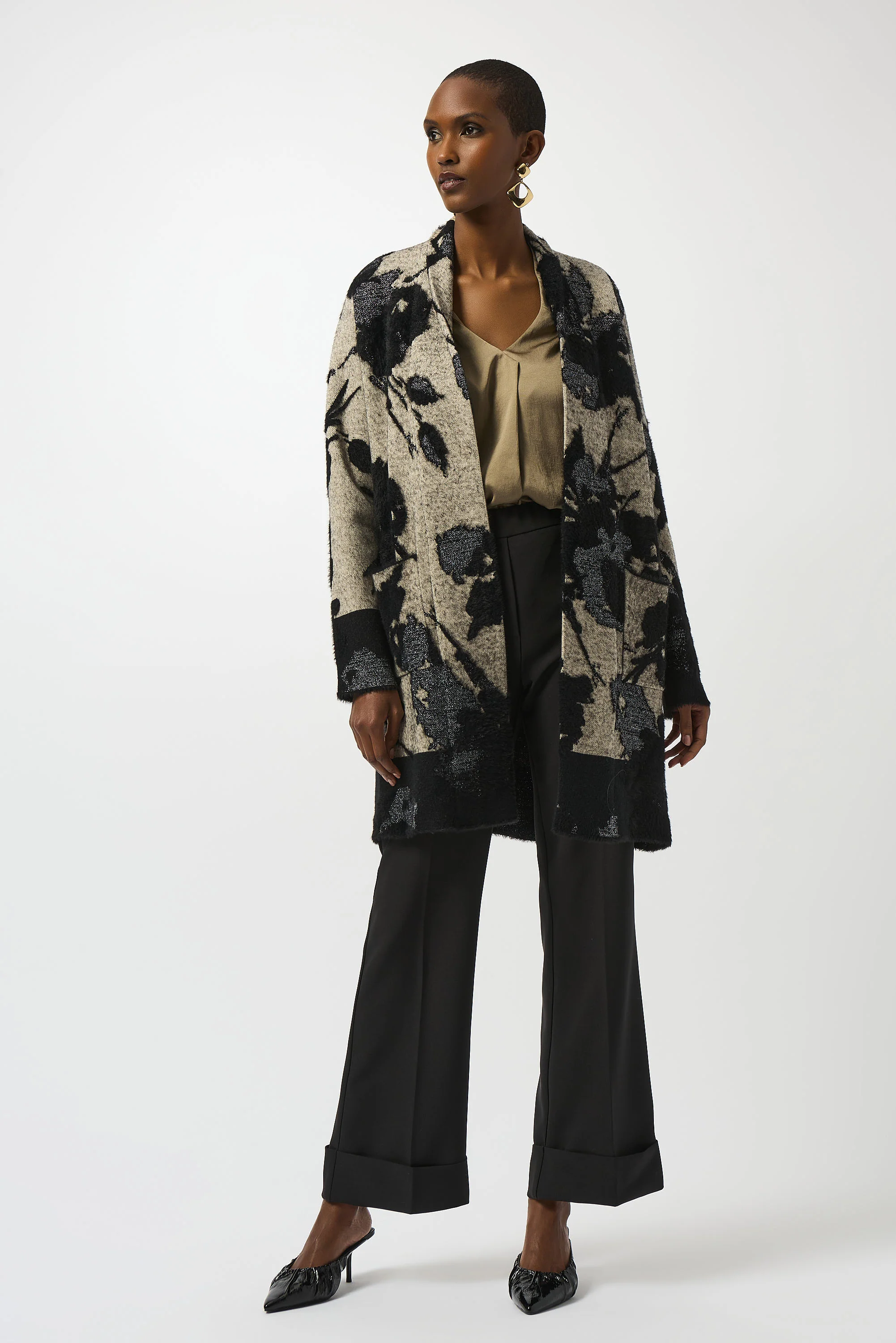 Joseph Ribkoff Champagne/Black Abstract Print Long Cardigan Style 253956 - Image 5