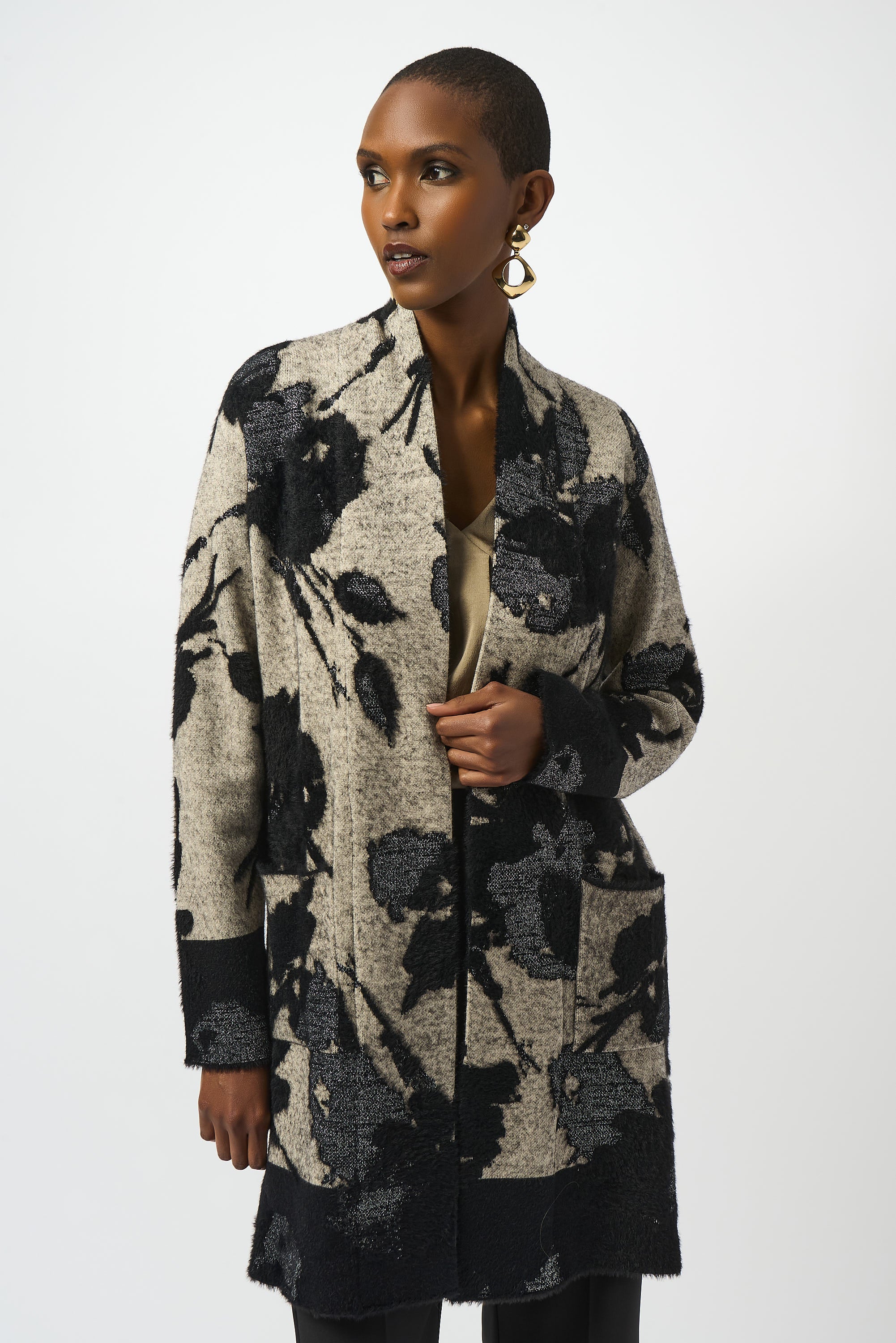 Joseph Ribkoff Champagne/Black Abstract Print Long Cardigan Style 253956 - Image 6