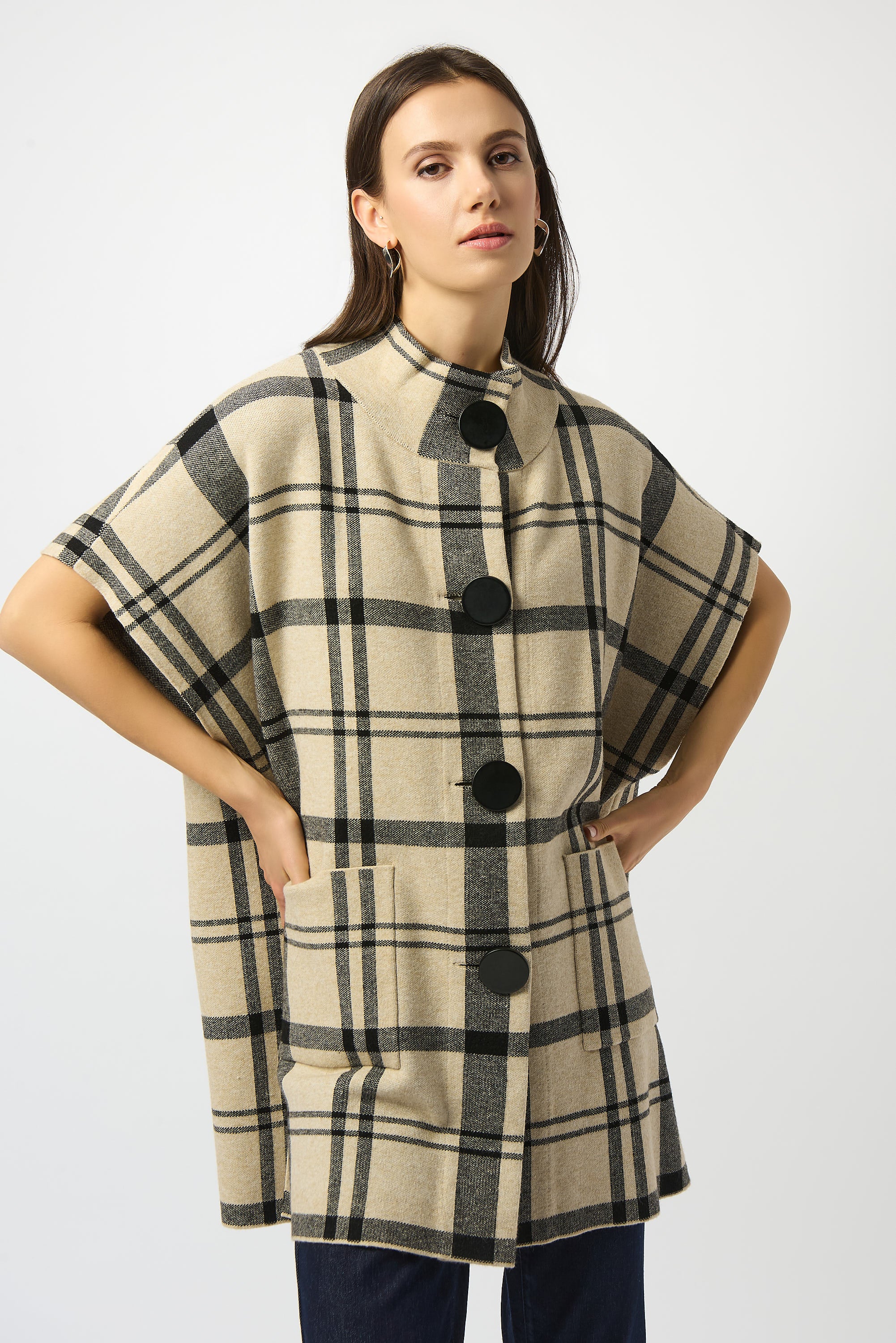 Joseph Ribkoff Champagne/Black Plaid Poncho Style 253903