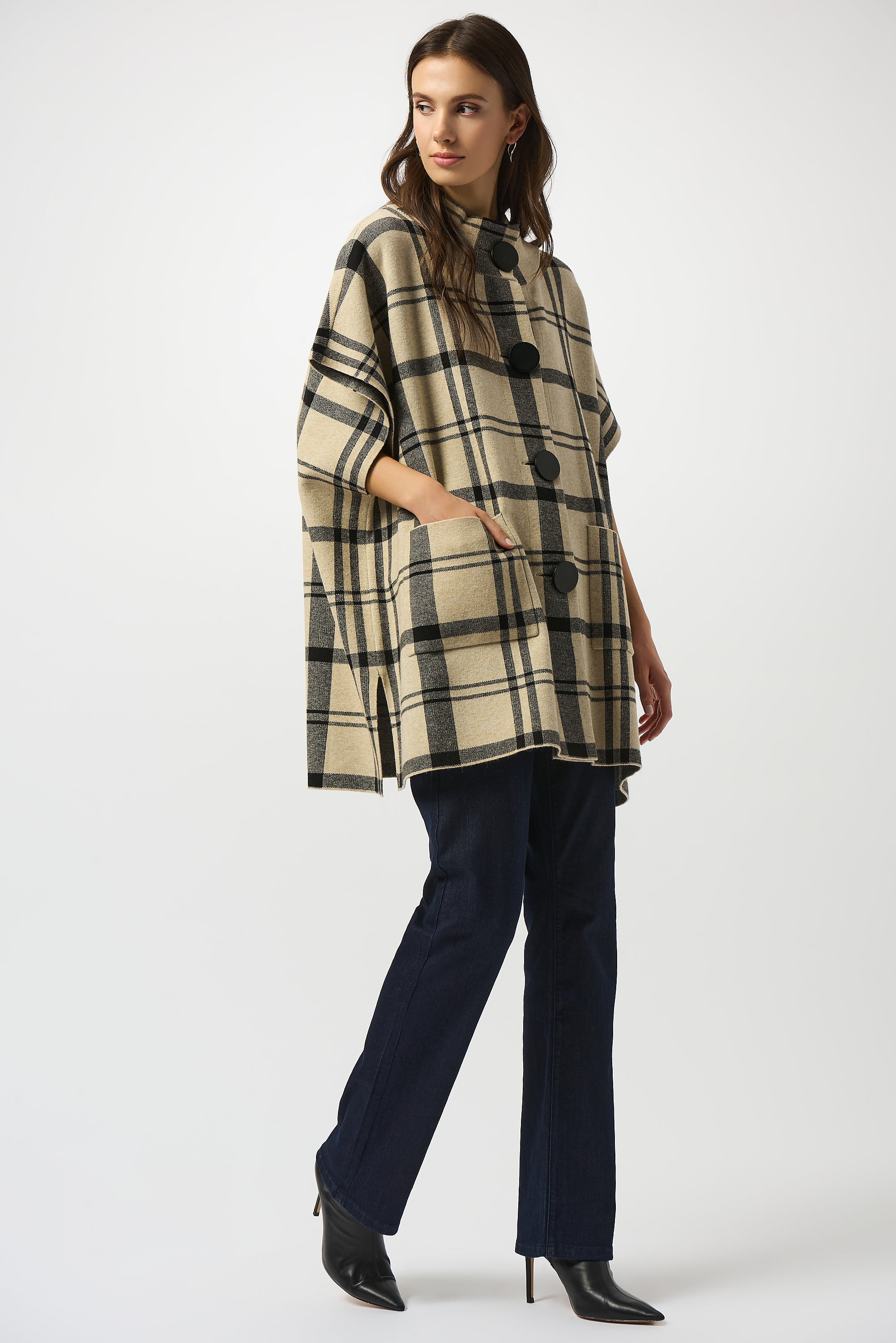 Joseph Ribkoff Champagne/Black Plaid Poncho Style 253903 - Image 2