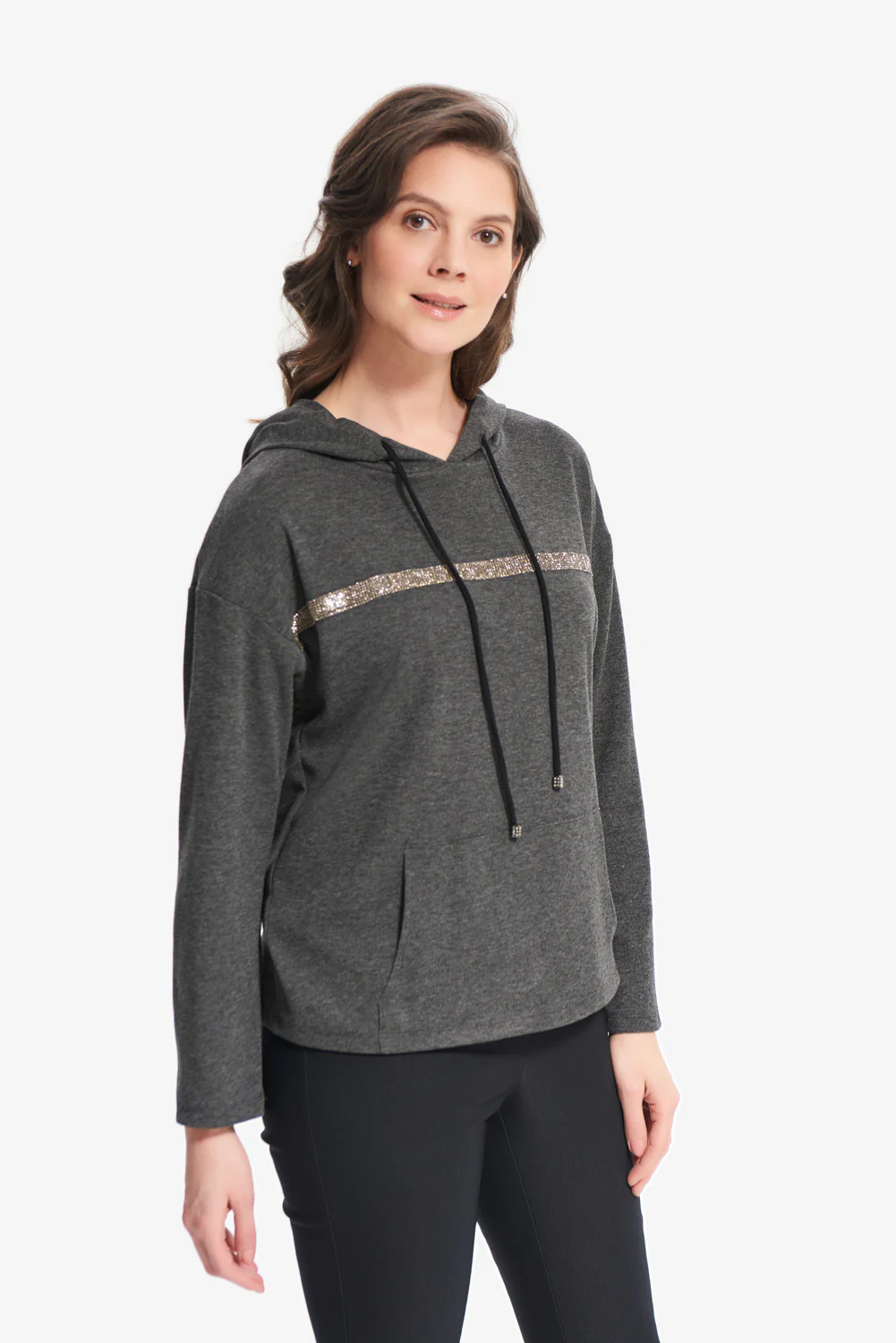 Joseph Ribkoff Charcoal/Black Dolman Sleeve Hoodie Style 214100 - Image 2