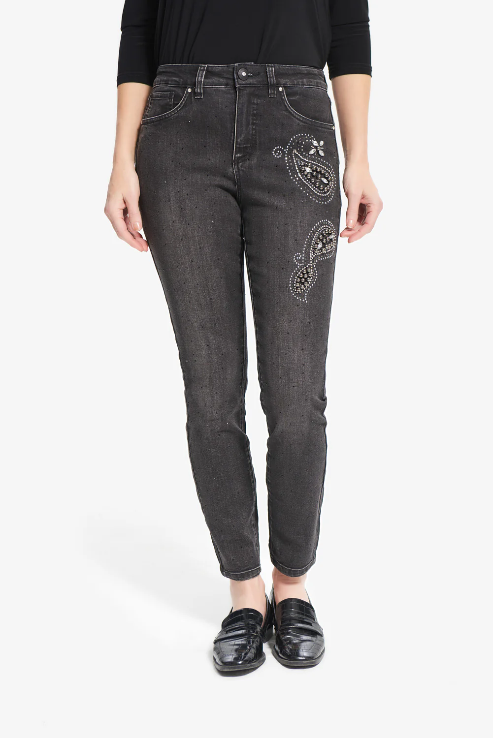 Joseph Ribkoff Charcoal/Dark Grey Rhinestone & Rivet Jeans Style 214929
