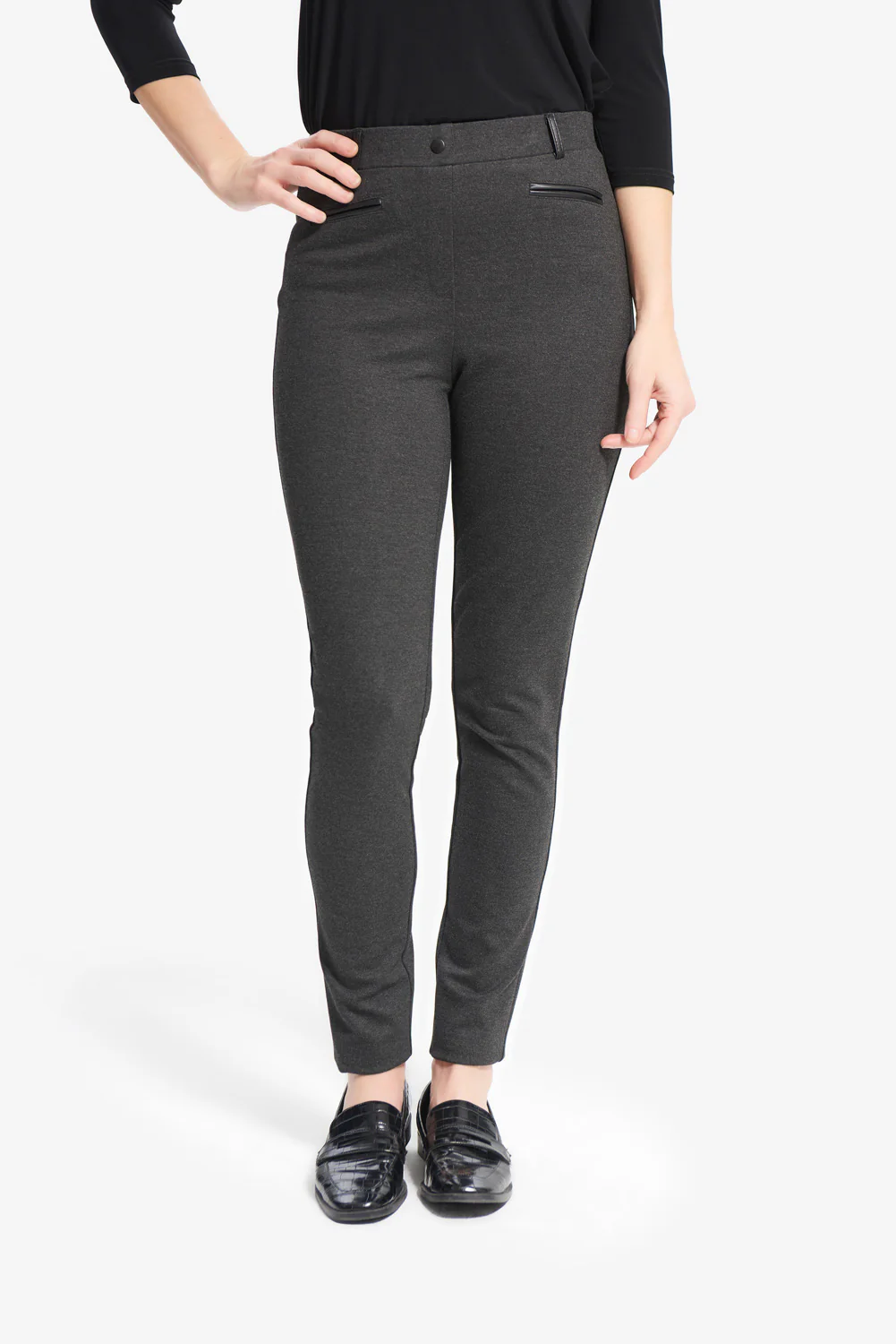 Joseph Ribkoff Charcoal/Black Faux Leather Detail Pants Style 214249