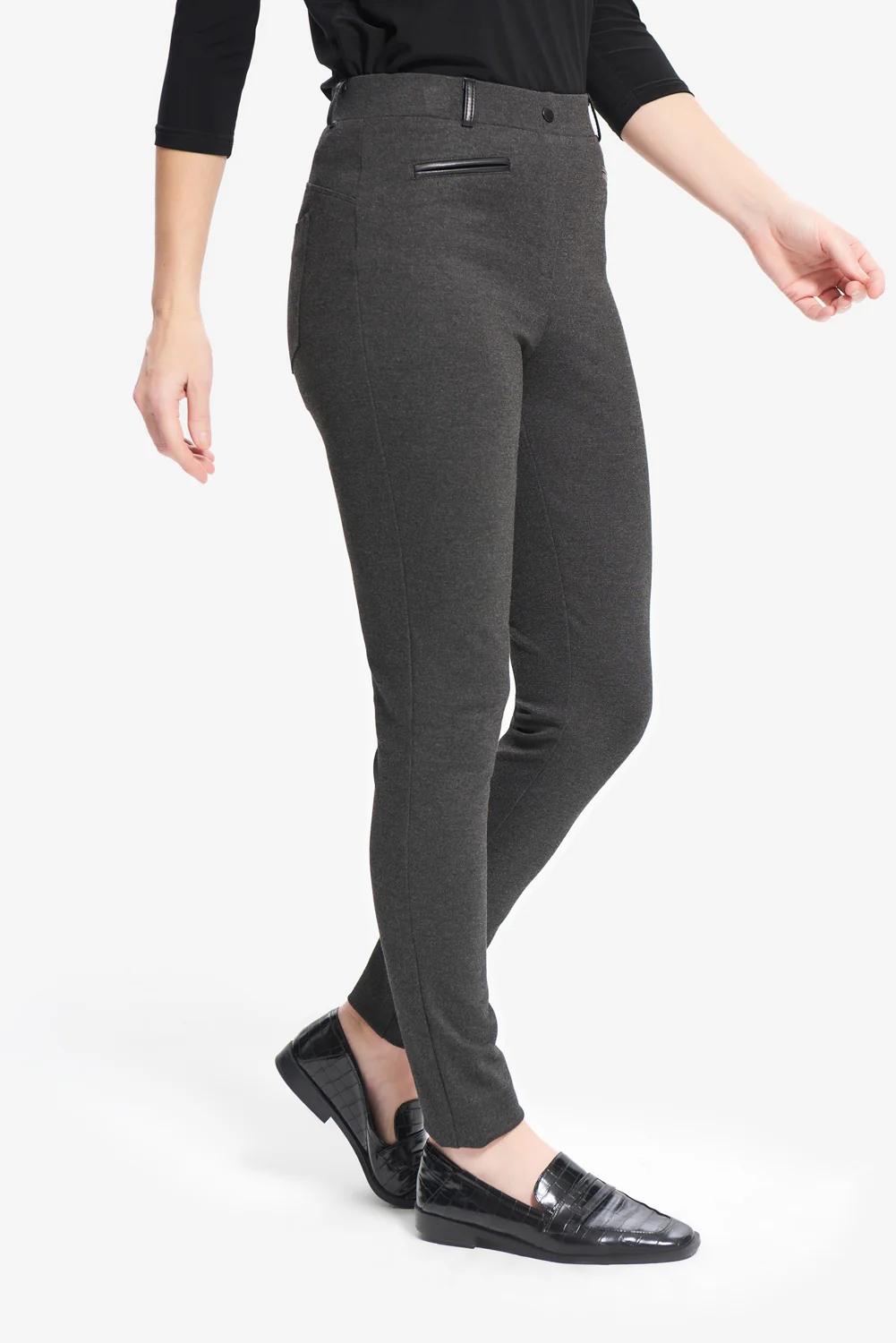 Joseph Ribkoff Charcoal/Black Faux Leather Detail Pants Style 214249 - Image 3