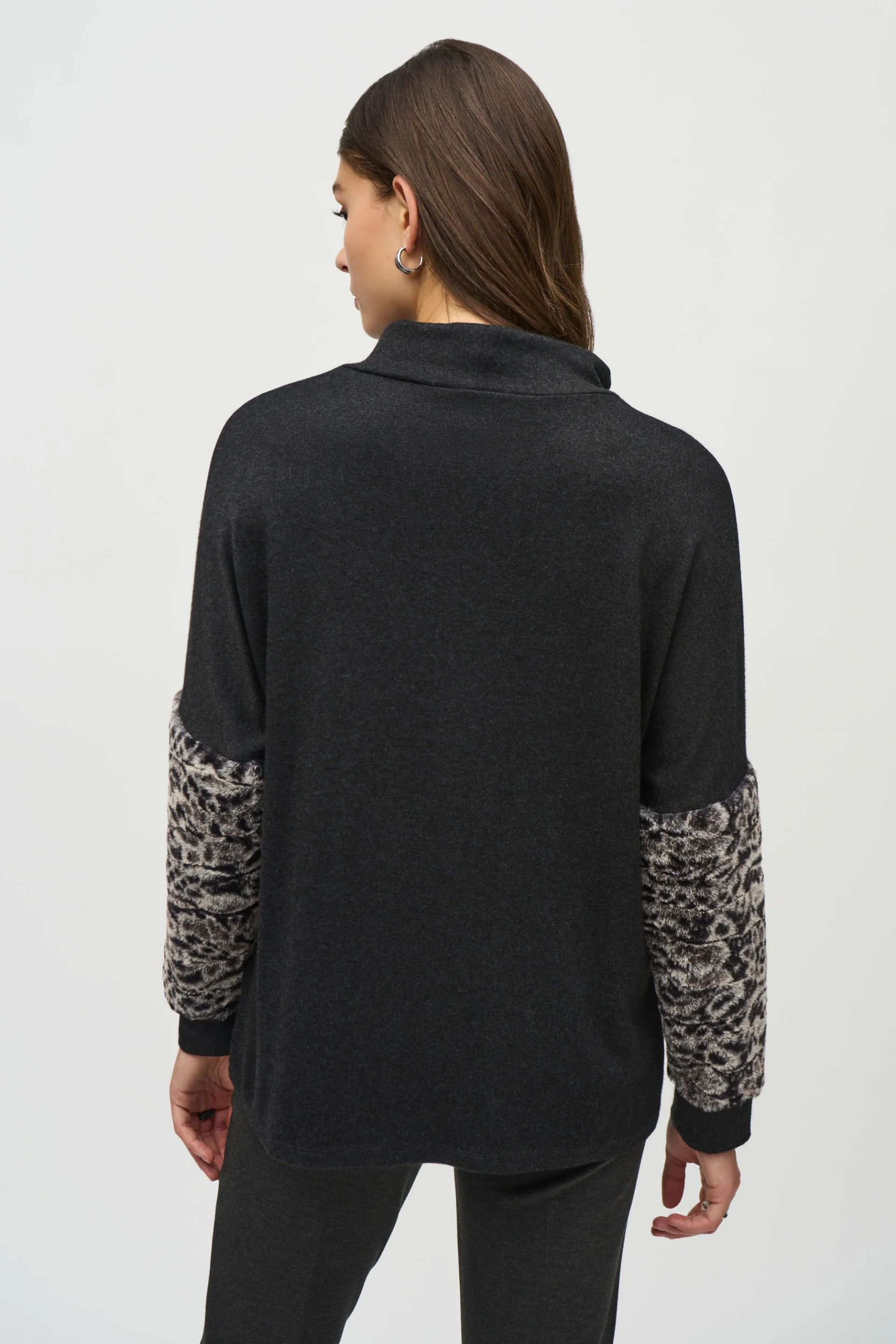 Joseph Ribkoff Charcoal Grey Top With Faux Fur Sleeves Style 244247 - Image 2