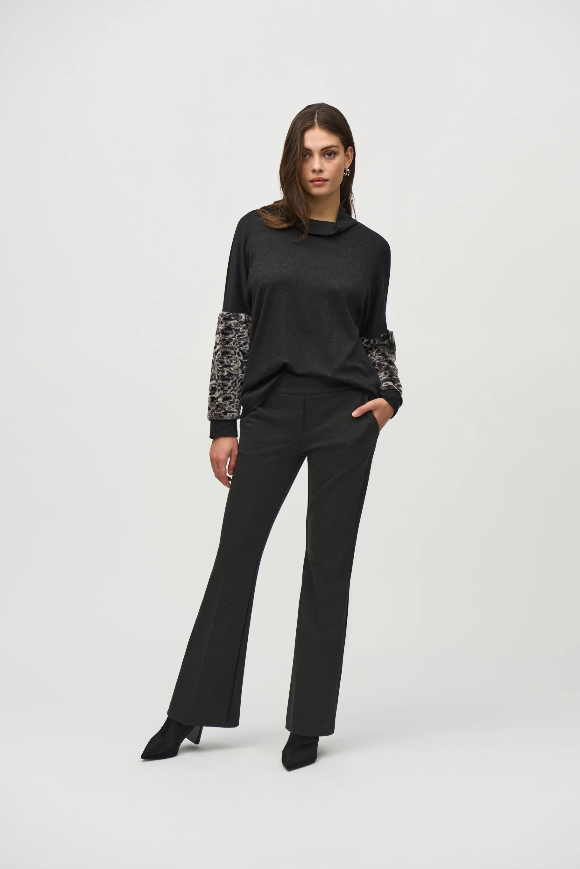 Joseph Ribkoff Charcoal Grey Top With Faux Fur Sleeves Style 244247 - Image 4