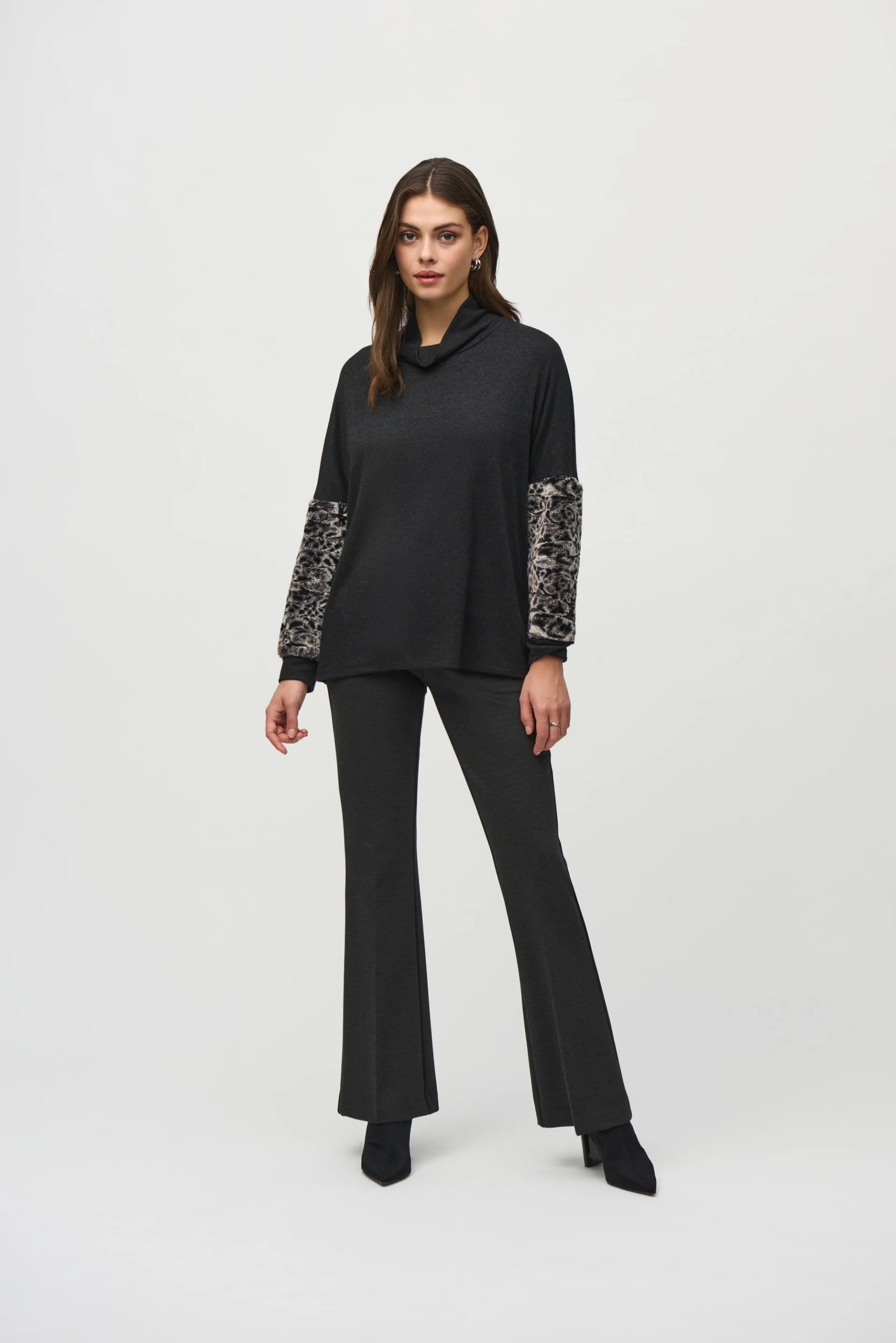Joseph Ribkoff Charcoal Grey Top With Faux Fur Sleeves Style 244247 - Image 5