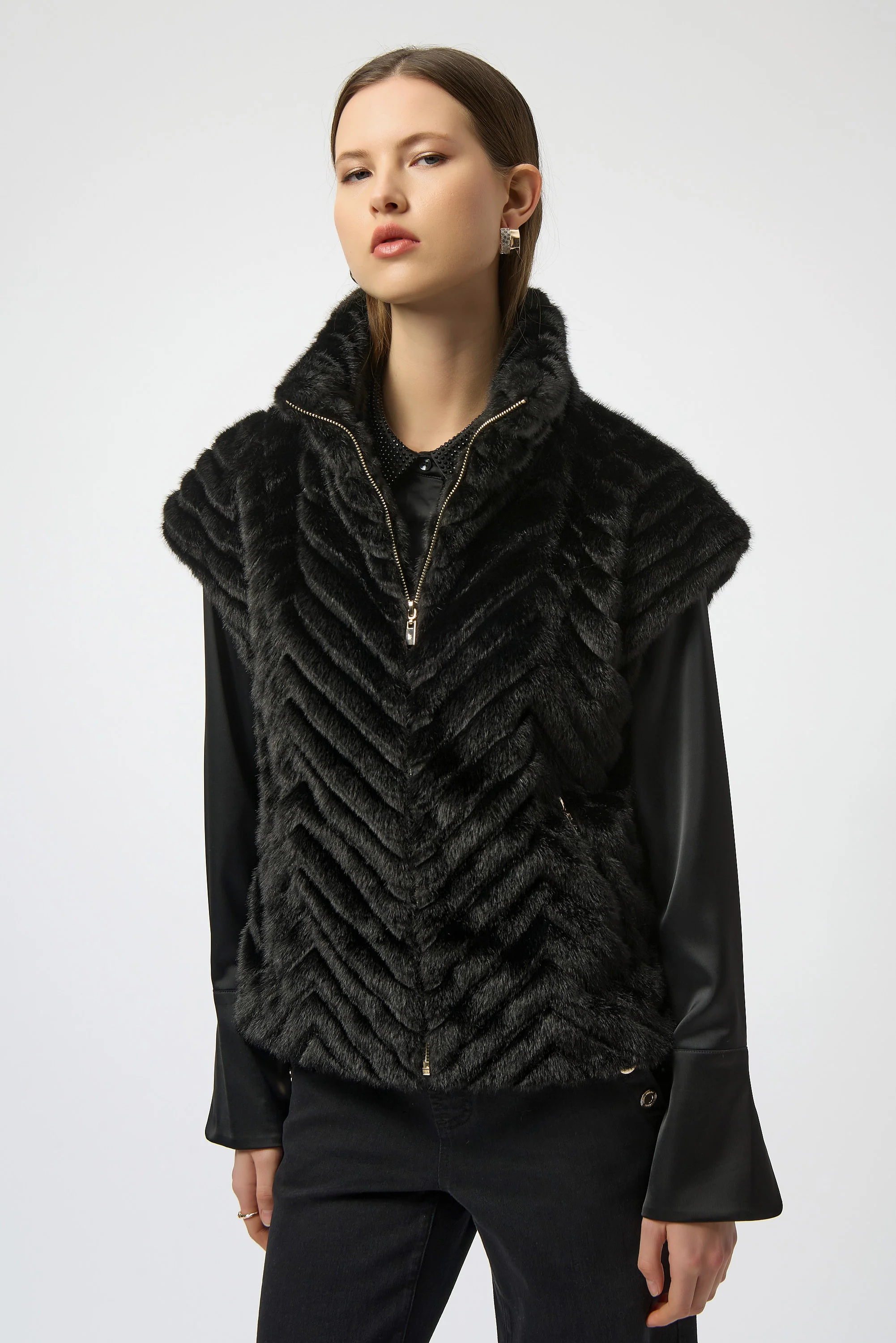 Joseph Ribkoff Chevron Faux Fur Mock Neck Vest Style 254906 - Image 9