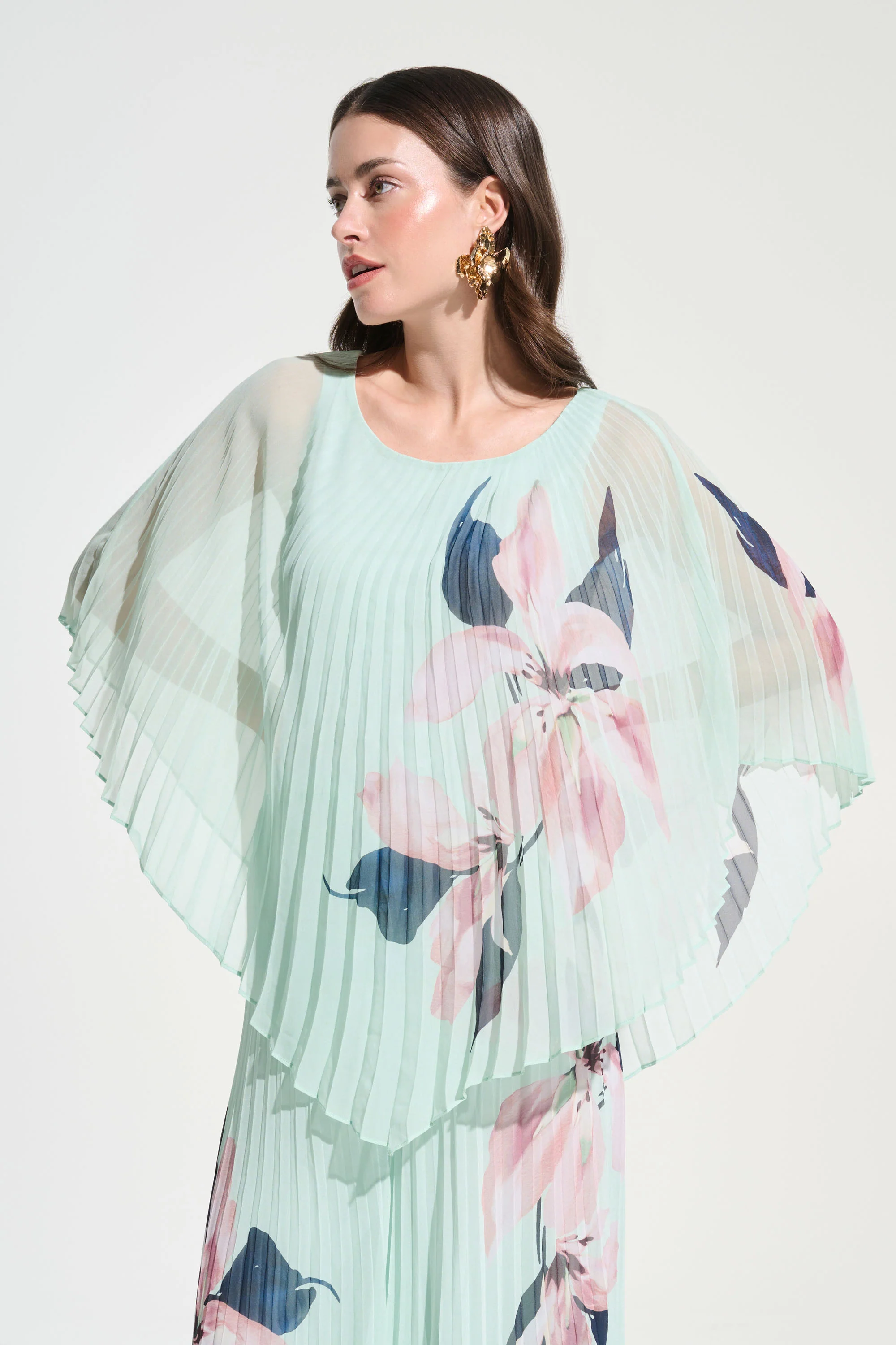 Joseph Ribkoff Chiffon Floral Print Pleated Poncho Top Style 262724