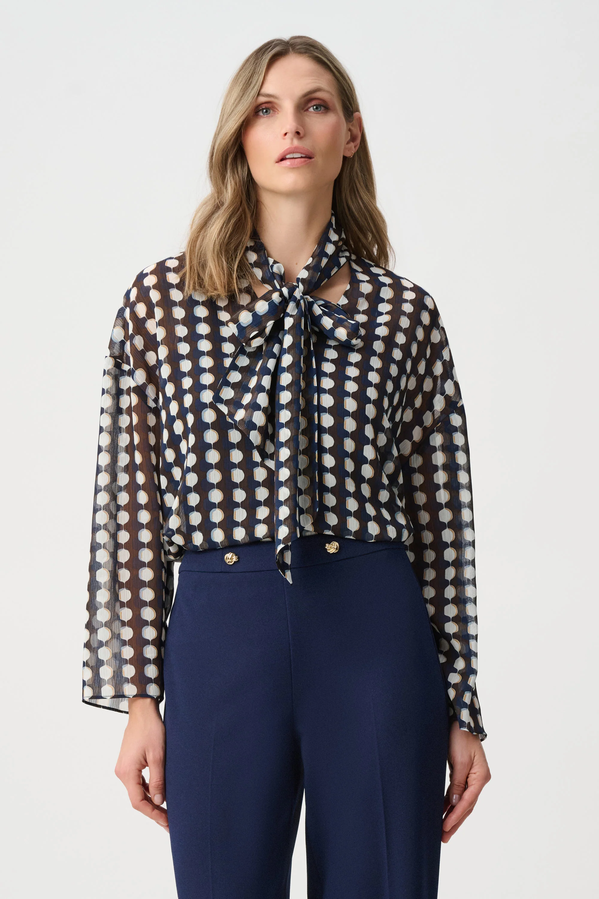 Joseph Ribkoff Chiffon Geometric-Print Tie-Neck Blouse Style 263102
