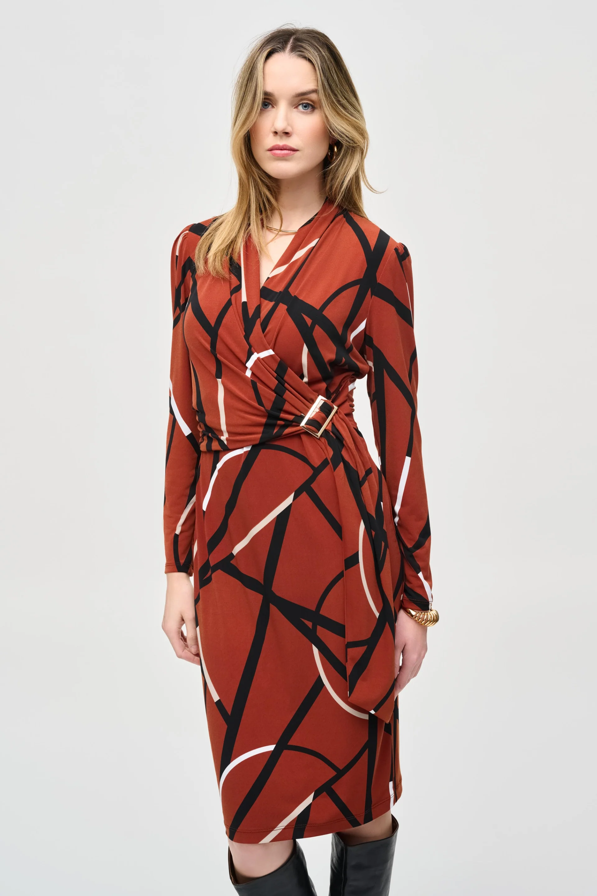 Joseph Ribkoff Cinnamon/Multi Abstract Print Wrap Dress Style 243319