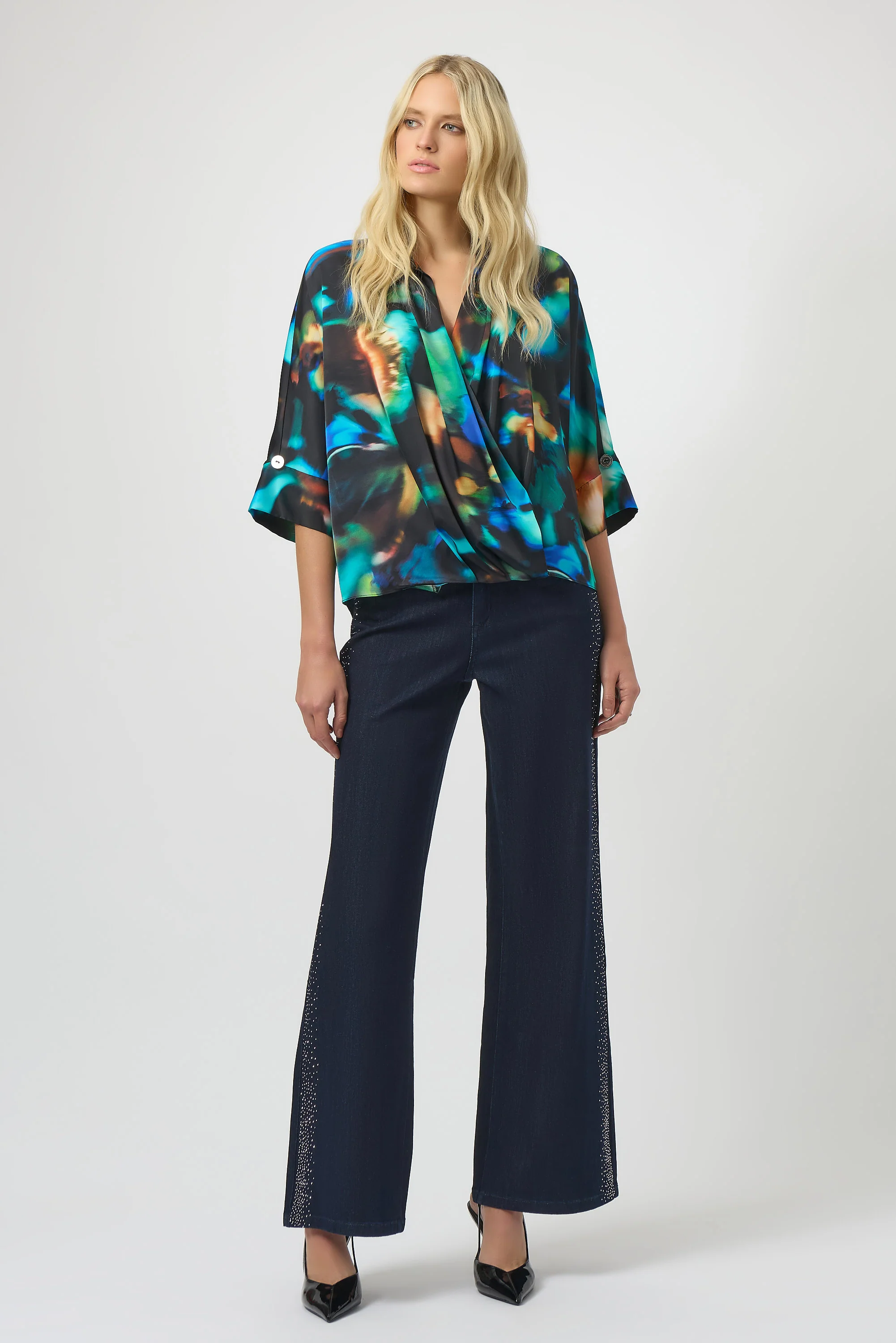 Joseph Ribkoff Classic Wide Leg Jeans with Rhinestone Seams Style 254918 - Image 4