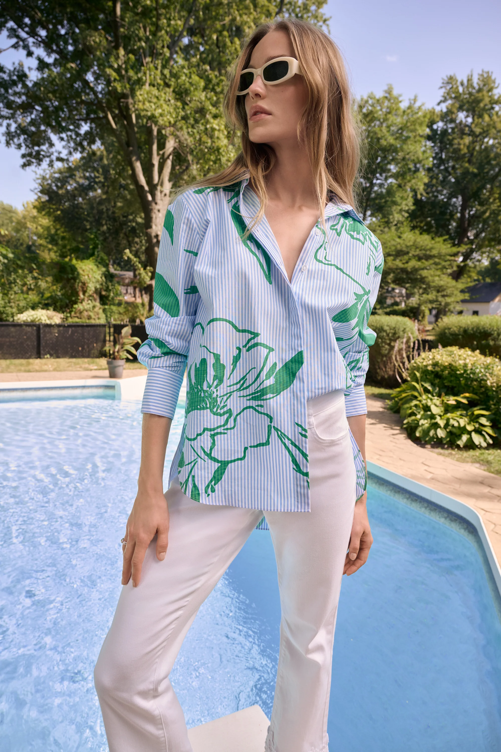 Joseph Ribkoff Cotton Stripe Floral Print Boxy Blouse Style 262951 - Image 3