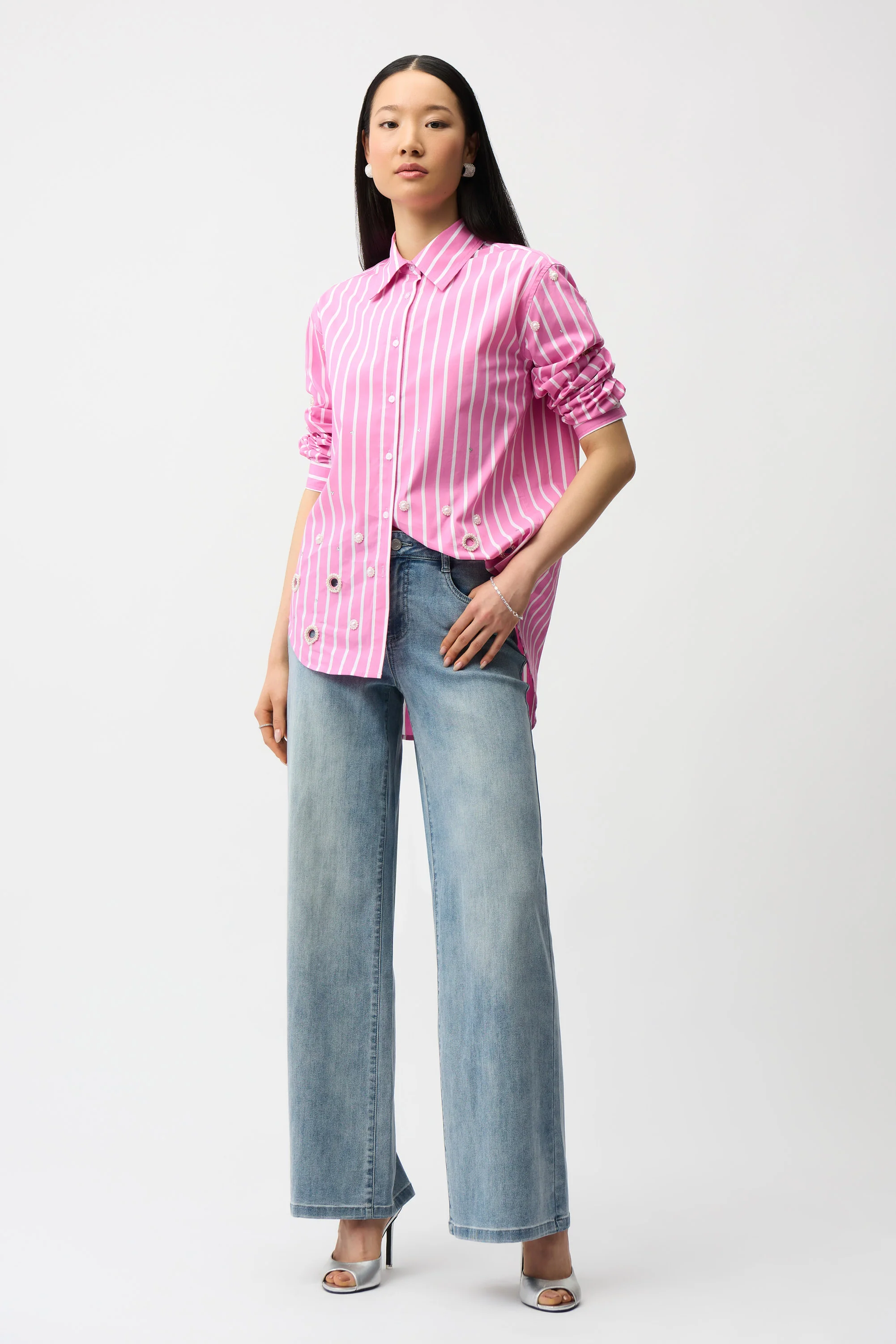 Joseph Ribkoff Cotton Stripe Print Boxy Blouse With Rhinestones Style 261966 - Image 2