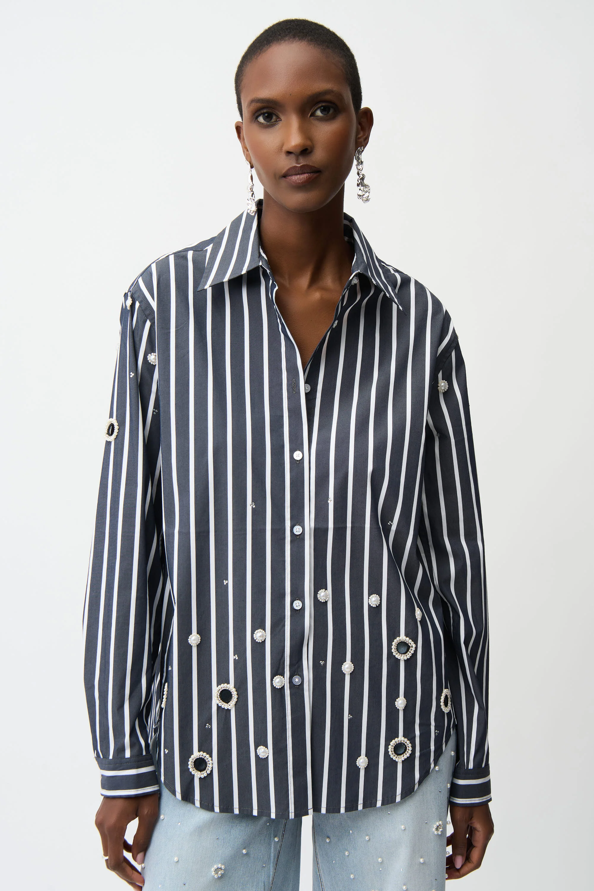 Joseph Ribkoff Cotton Stripe Print Boxy Blouse With Rhinestones Style 261966 - Image 5