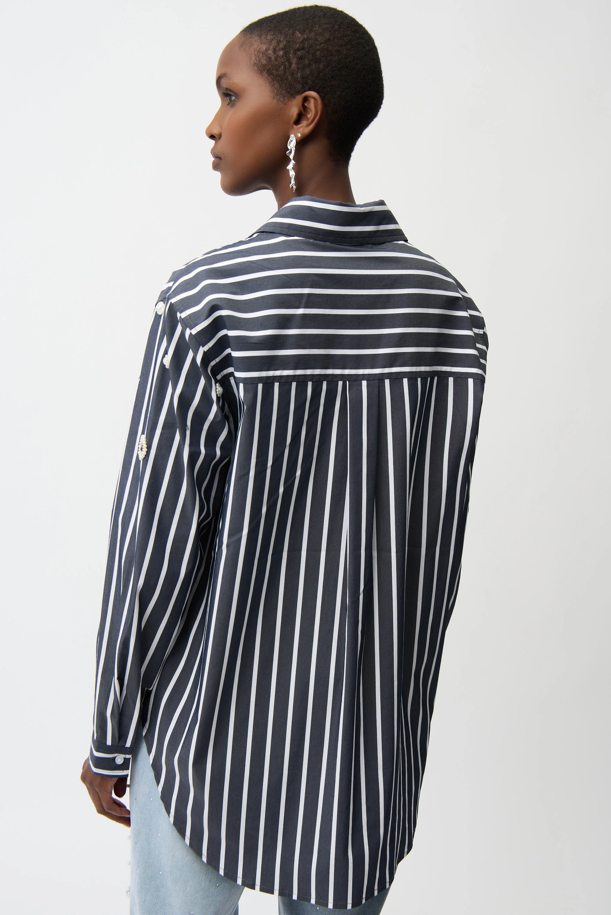 Joseph Ribkoff Cotton Stripe Print Boxy Blouse With Rhinestones Style 261966 - Image 7