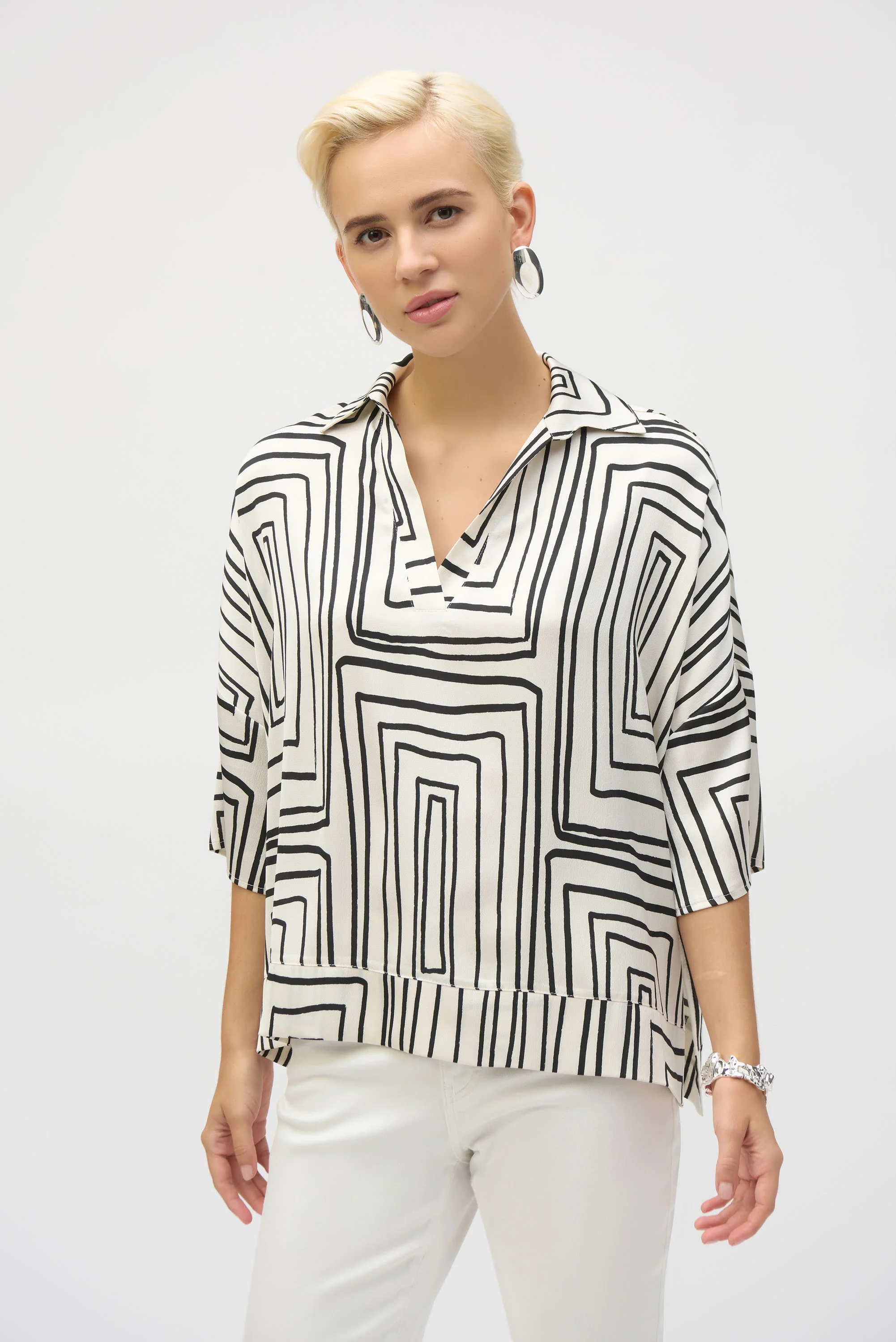 Joseph Ribkoff Cream/Black Satin Geometric Print Boxy Top Style 252060