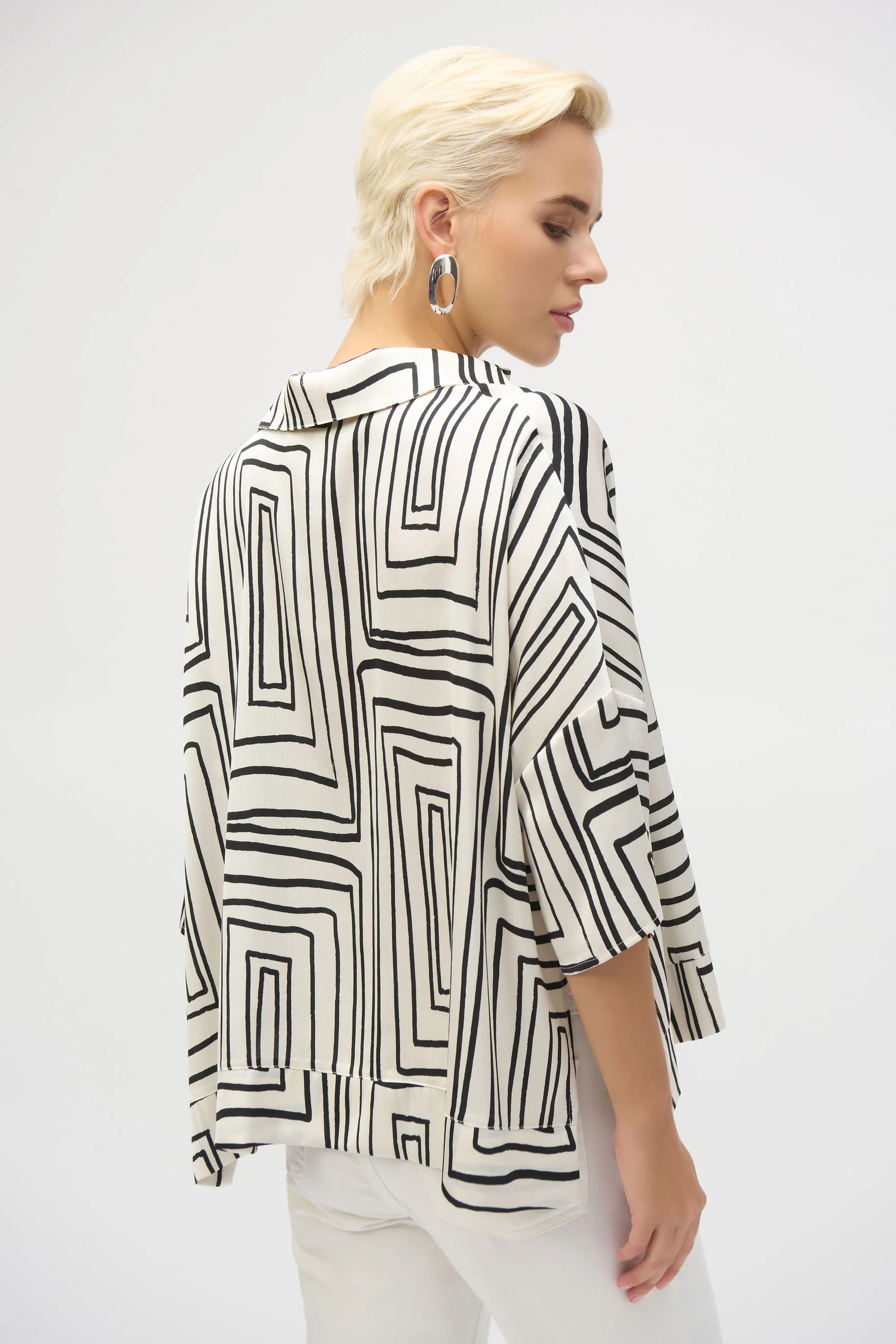 Joseph Ribkoff Cream/Black Satin Geometric Print Boxy Top Style 252060 - Image 2