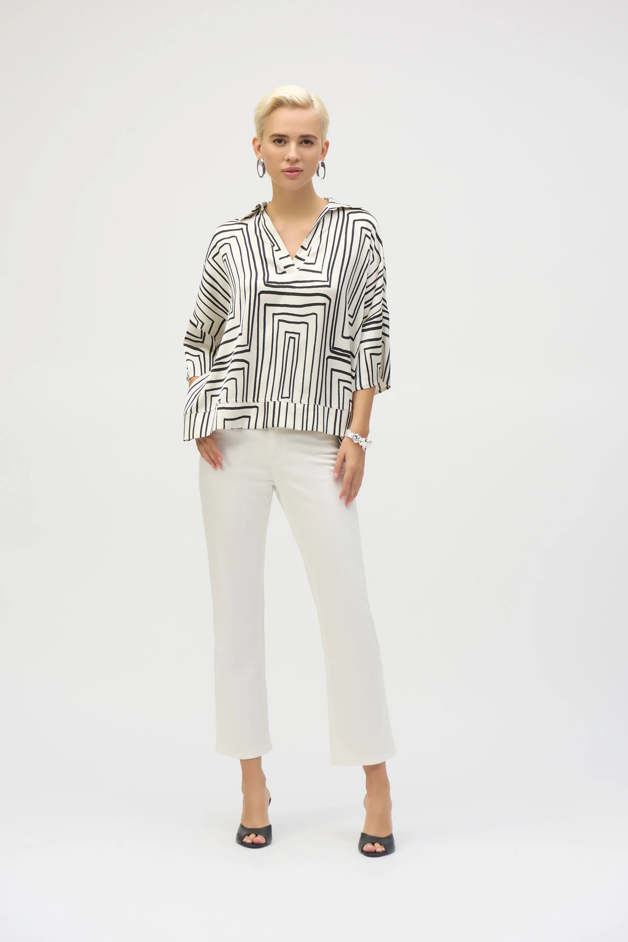 Joseph Ribkoff Cream/Black Satin Geometric Print Boxy Top Style 252060 - Image 4