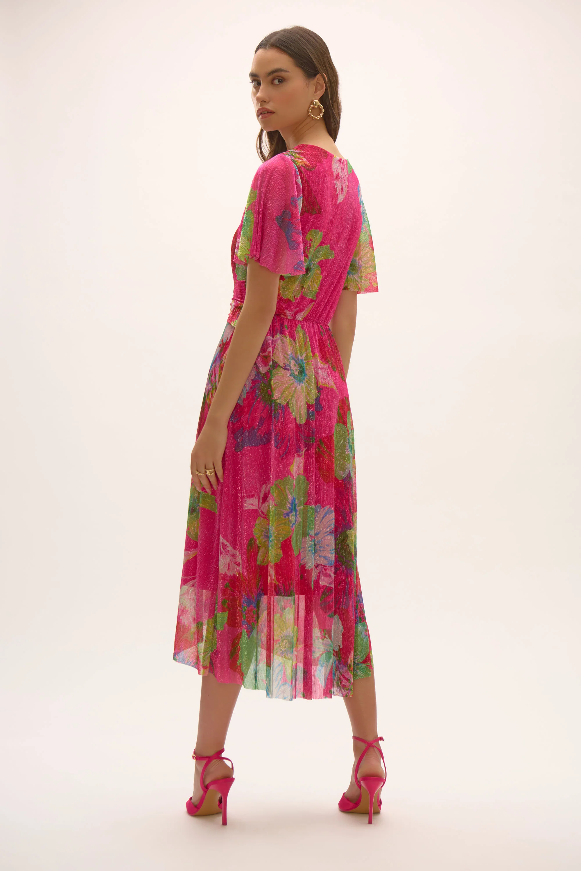 Joseph Ribkoff Crinkle and Mesh Floral Print Fit and Flare Dress Style 252707 - Image 4
