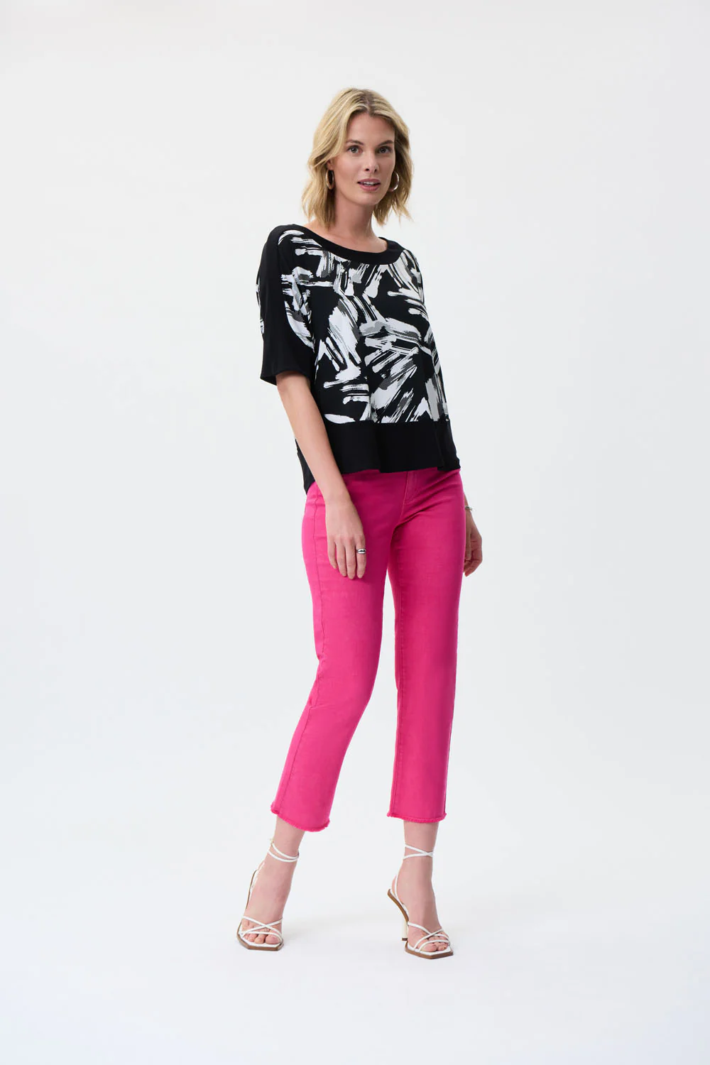 Joseph Ribkoff Dazzle Pink Frayed Hem Cropped Jeans Style 231925 - Image 4