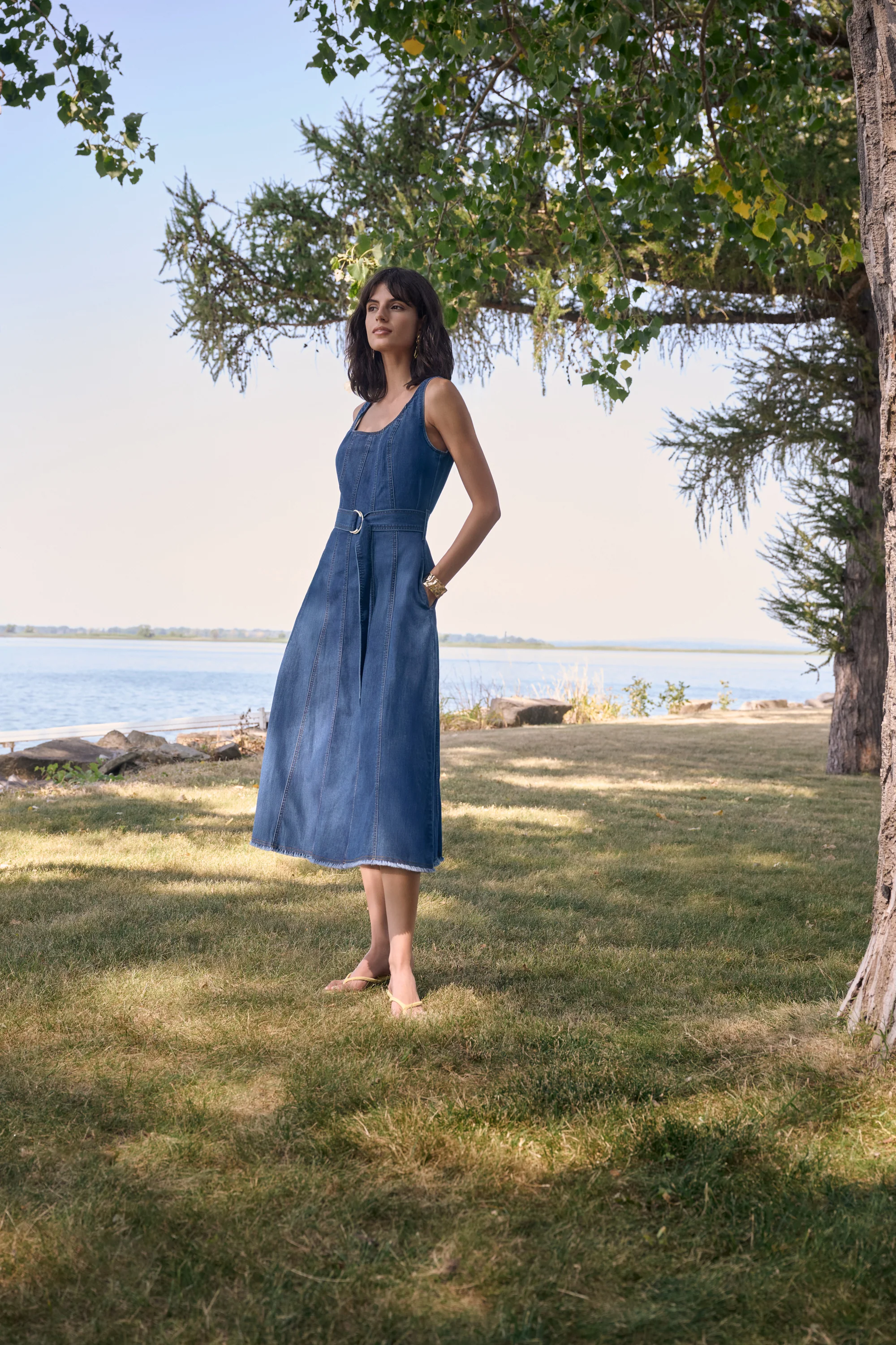 Joseph Ribkoff Denim Fit And Flare Midi Dress With Belt Style 262901