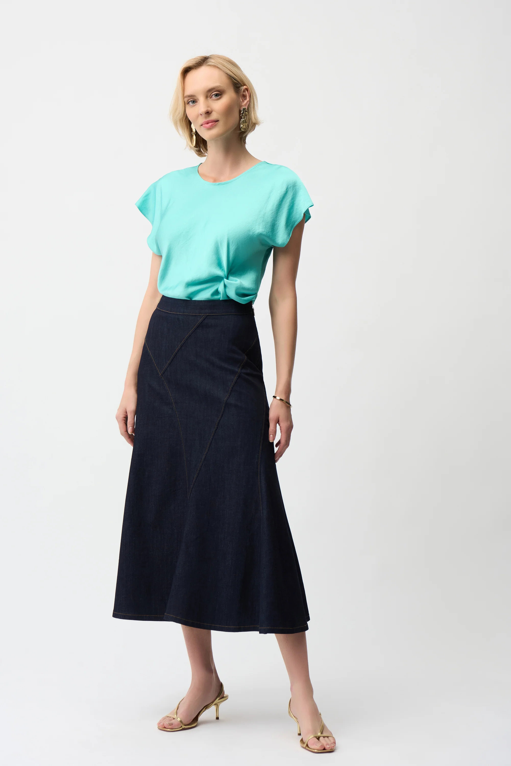 Joseph Ribkoff Denim Flare Skirt With Exposed Zipper Style 261969 - Image 2