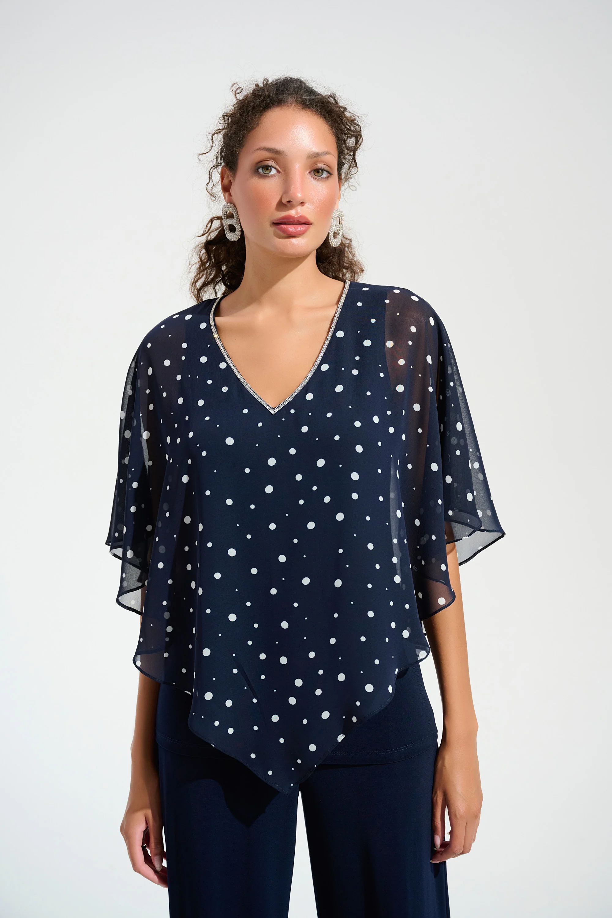 Joseph Ribkoff Dot Print Poncho Top With Rhinestones Trim Style 261766