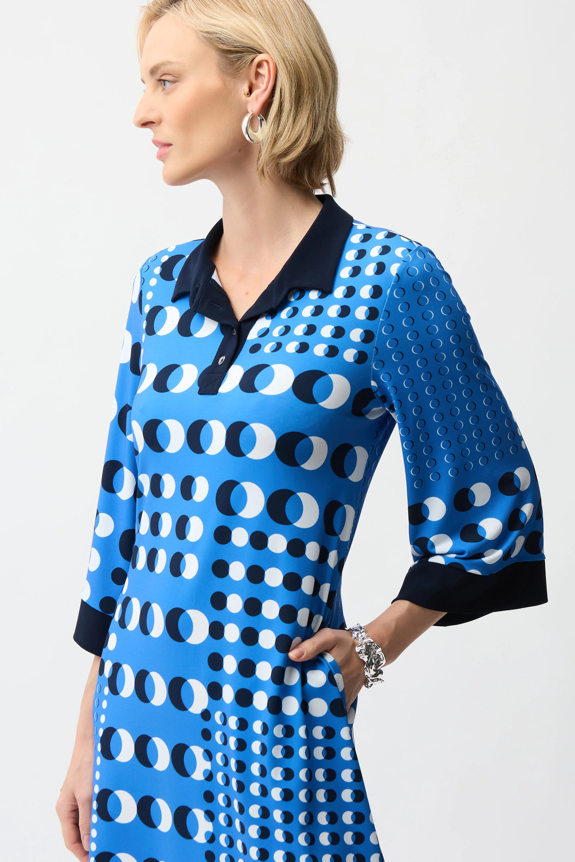 Joseph Ribkoff Dot Print Shirt Dress With Contract Collar & Cuffs Style 261179 - Image 4