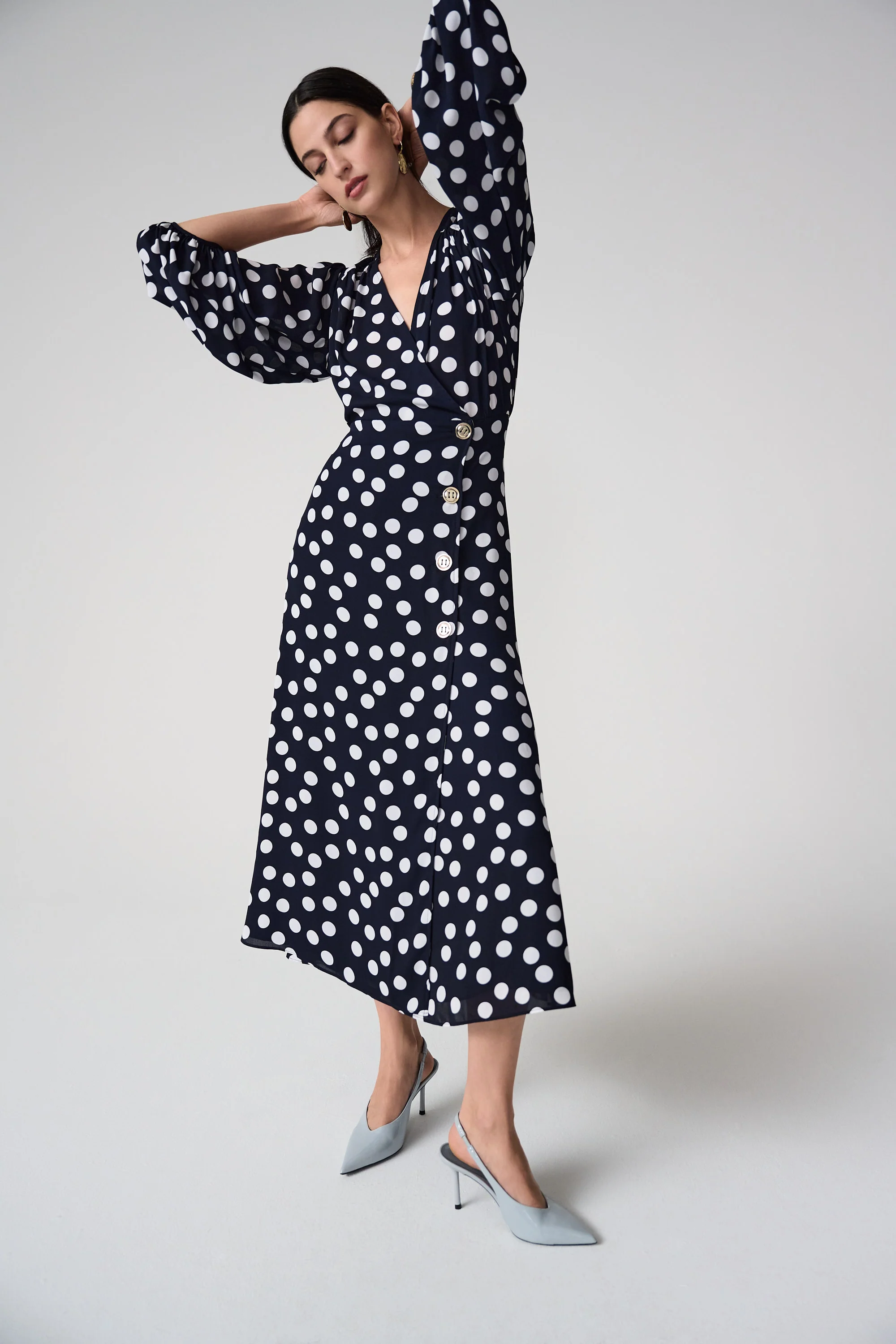 Joseph Ribkoff Dot Print Wrap Dress With Puff Sleeves Style 261901 - Image 4