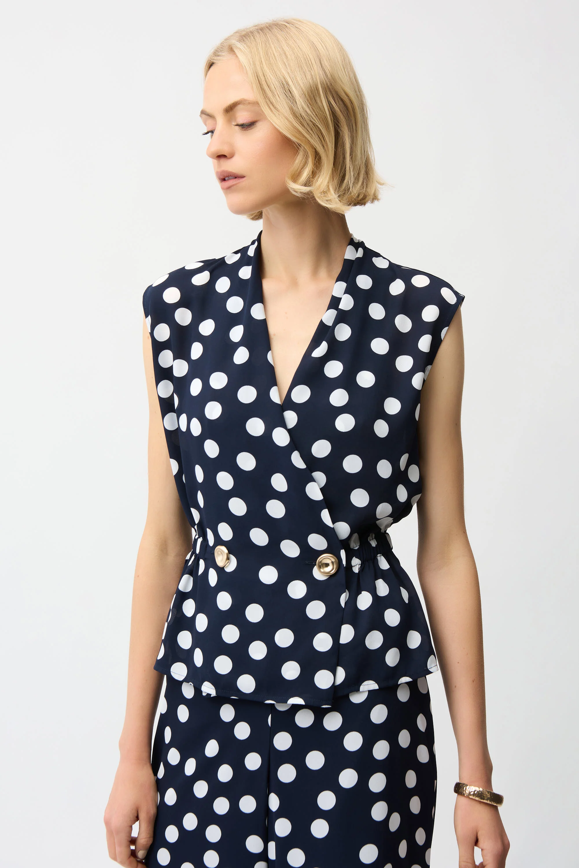 Joseph Ribkoff Dot Print Wrap Peplum Top With Gold Buttons Style 261250 - Image 2