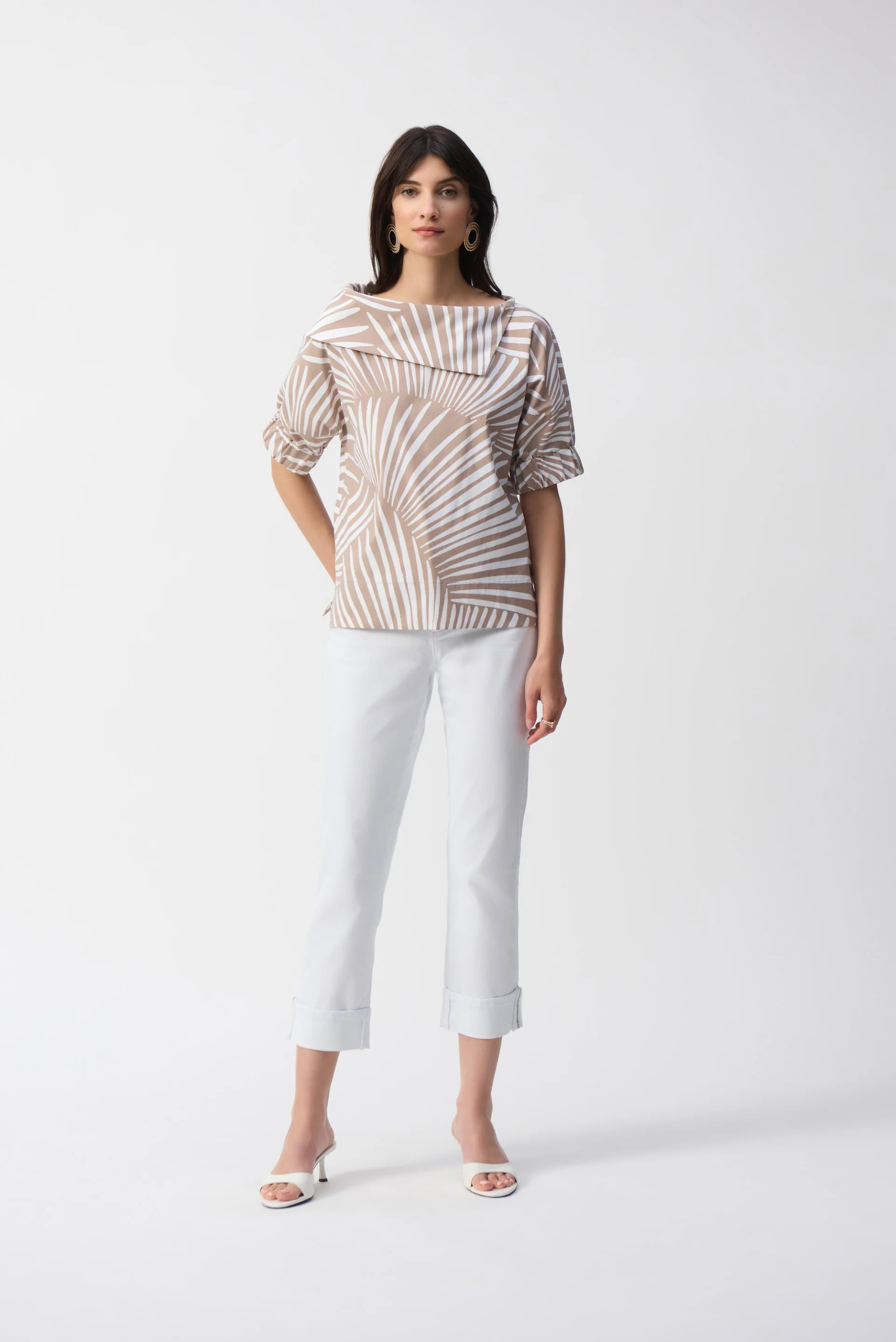 Joseph Ribkoff Dune/Vanilla Stretch Poplin Tropical Print Boxy Top Style 251163 - Image 2