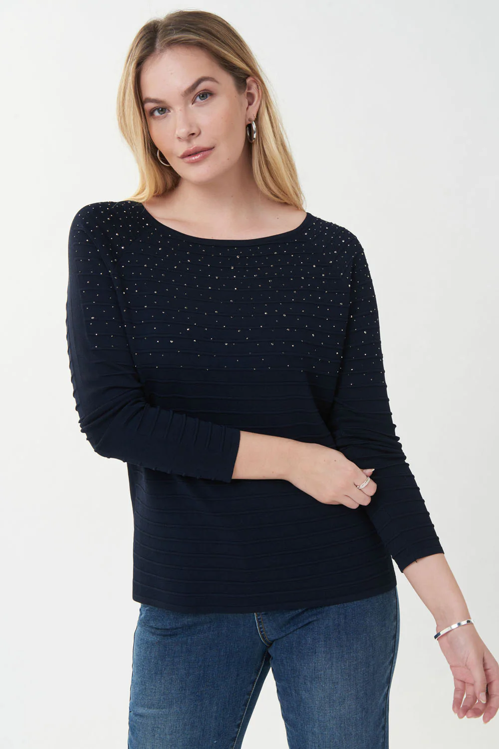 Joseph Ribkoff Midnight Blue Embellished Knit Top Style 223955