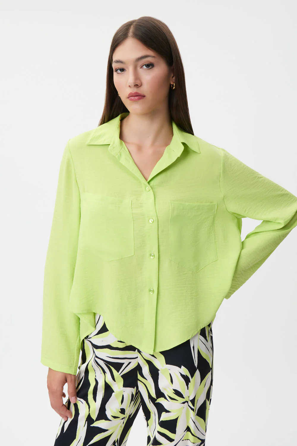 Joseph Ribkoff Exotic Lime High-Low Button-Down Blouse Style 232217 - Image 3