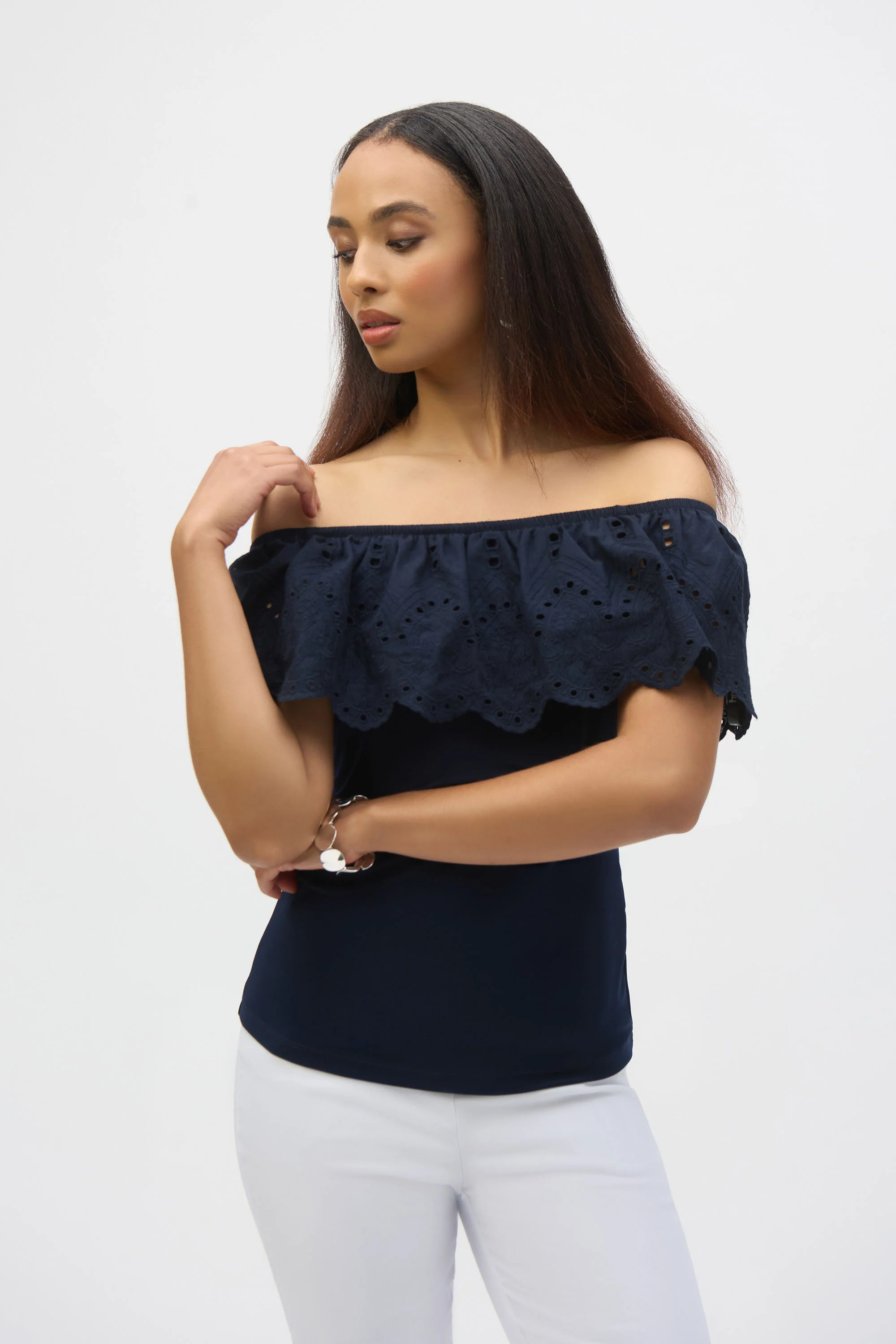 Joseph Ribkoff Eyelet Lace Off-Shoulder Top Style 252134 - Image 3