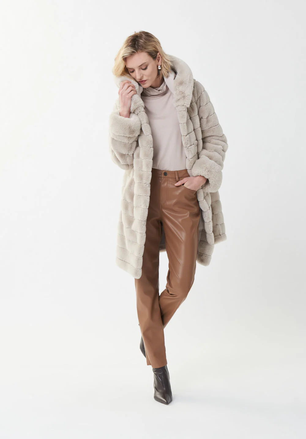 Joseph Ribkoff Faux Fur Champagne Coat Style 214913 - Image 2