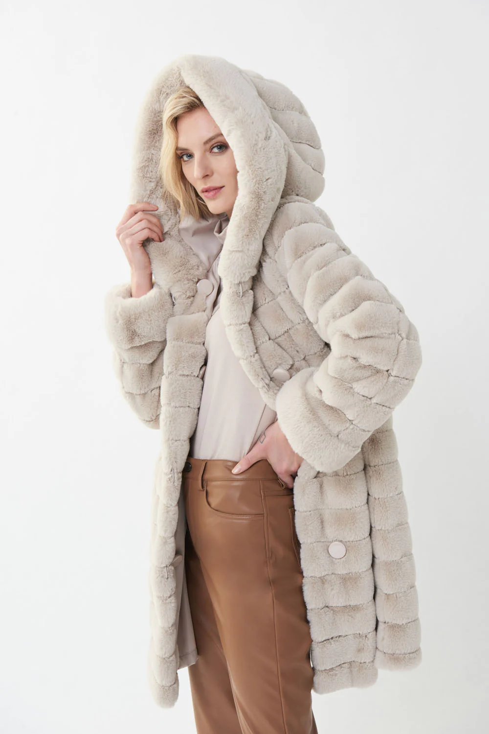 Joseph Ribkoff Faux Fur Champagne Coat Style 214913 - Image 3