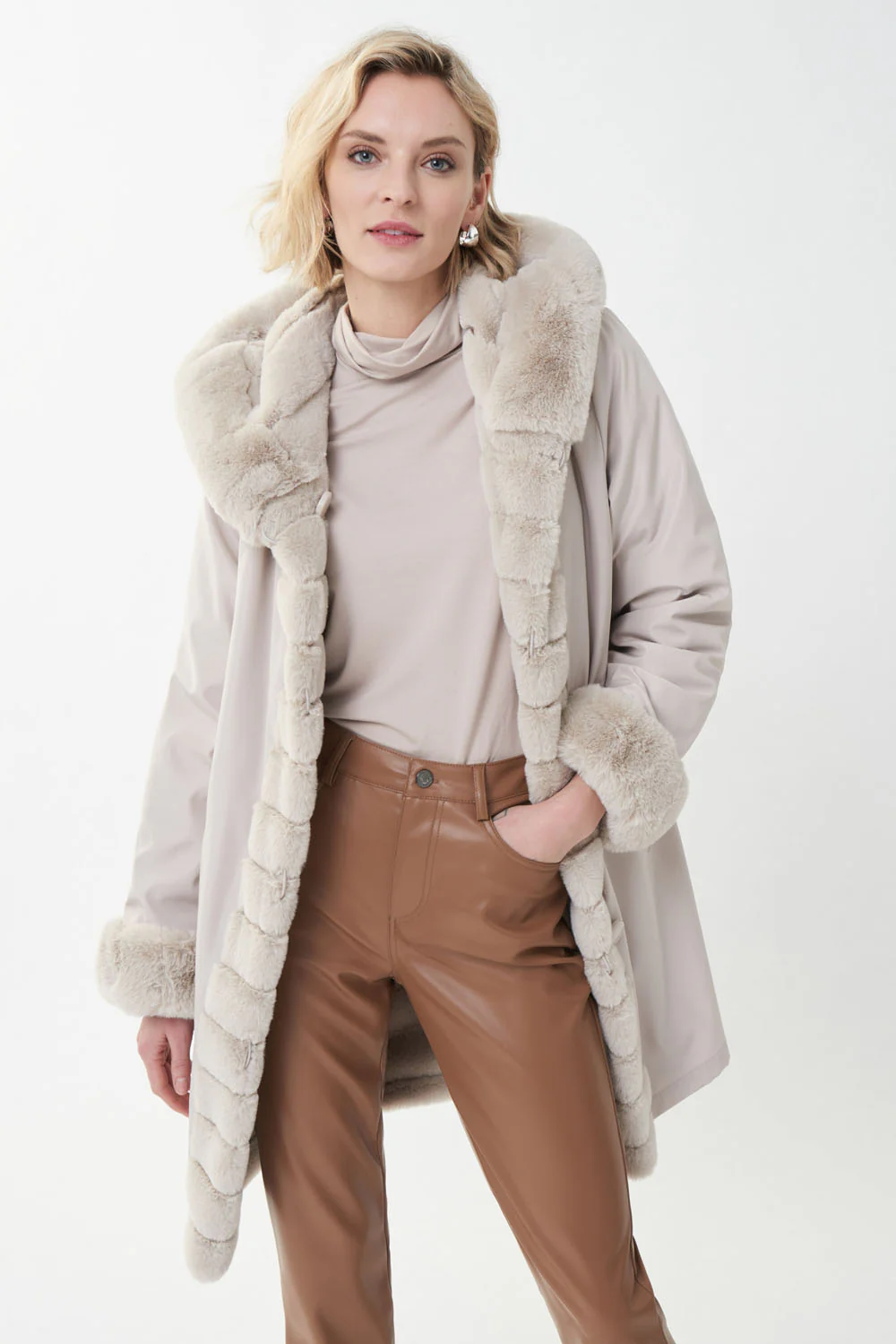 Joseph Ribkoff Faux Fur Champagne Coat Style 214913 - Image 4