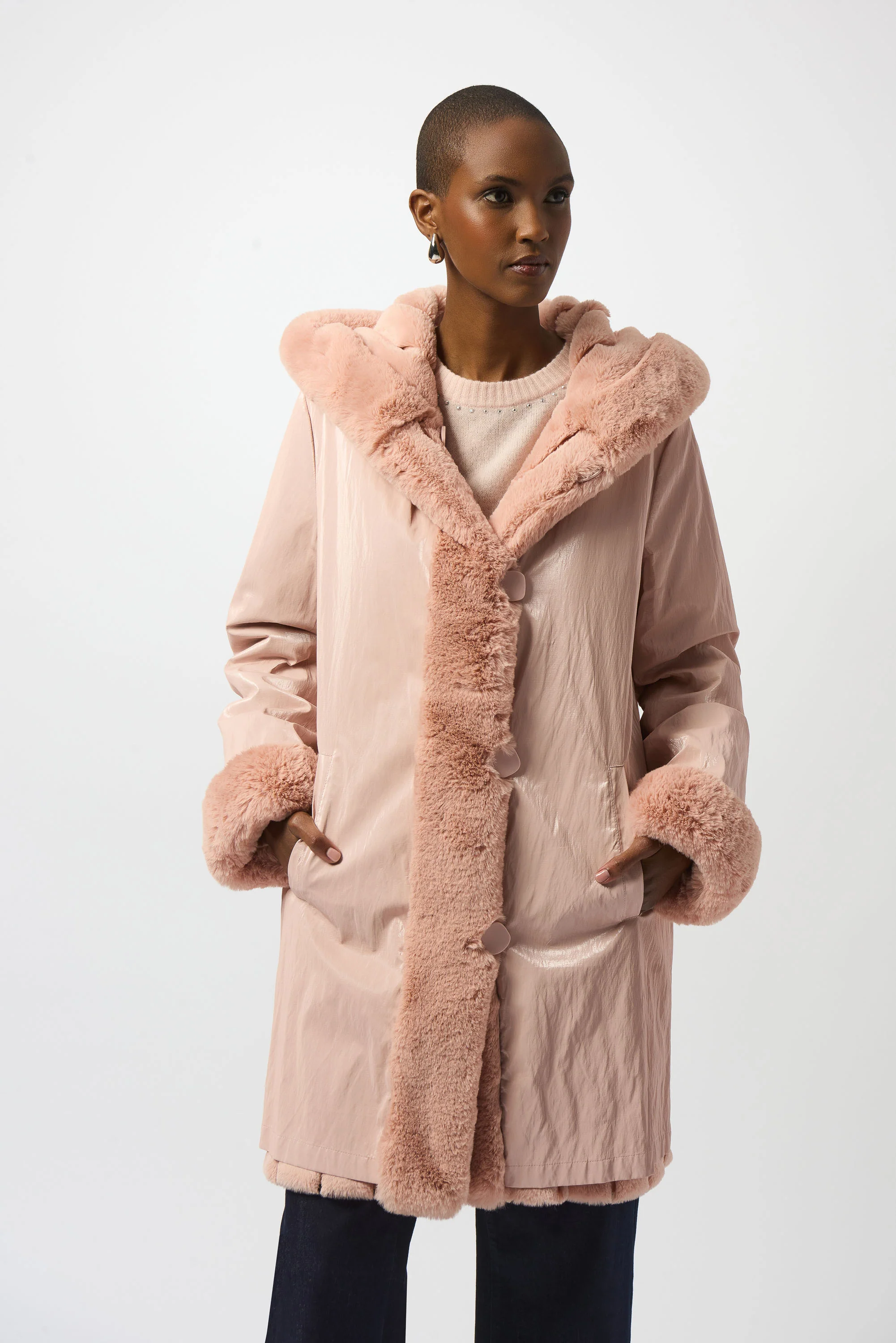 Joseph Ribkoff Faux Fur Reversible Hooded Coat Style 253926 - Image 6
