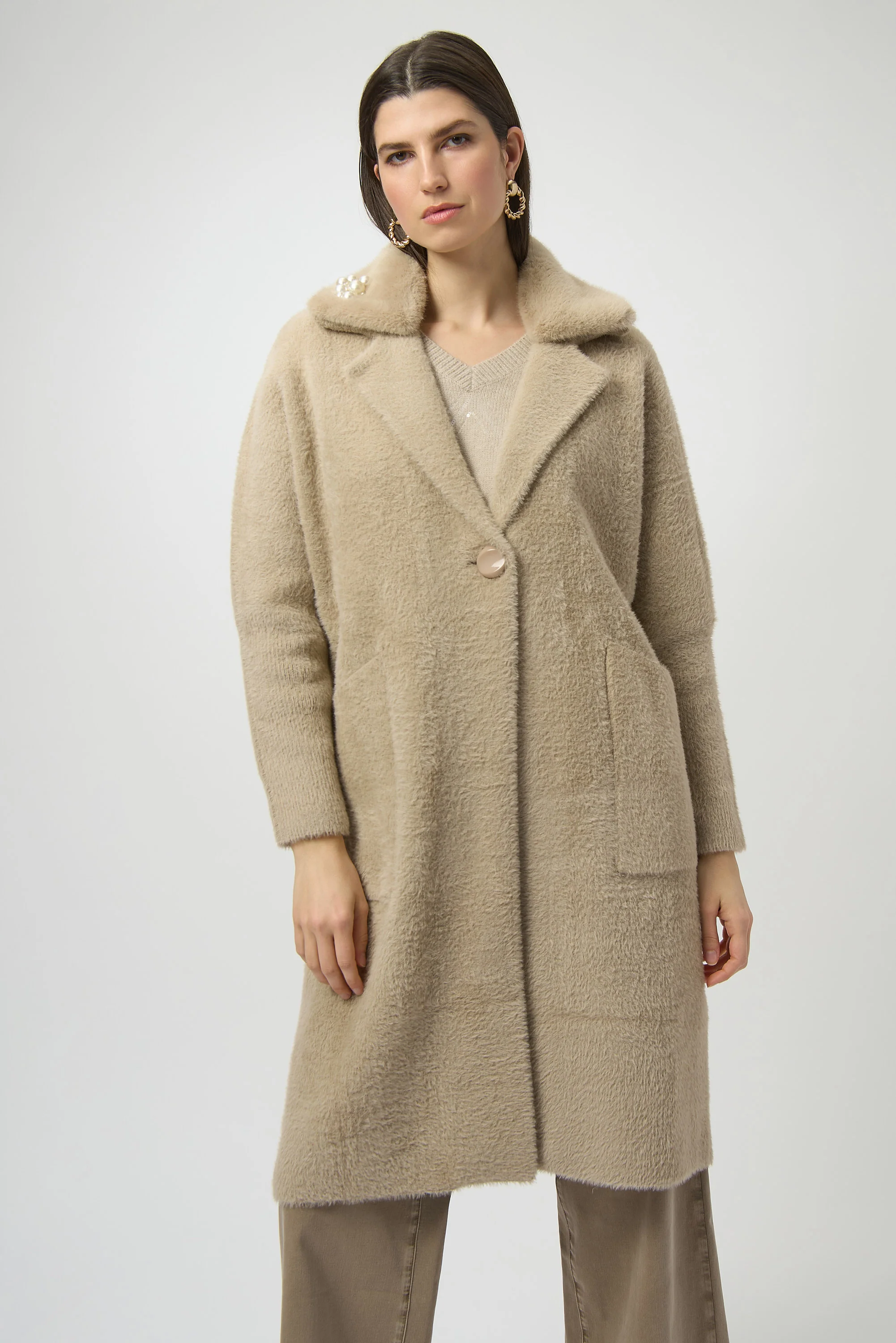Joseph Ribkoff Feather Yarn and Faux Fur Sweater Coat Style 254954