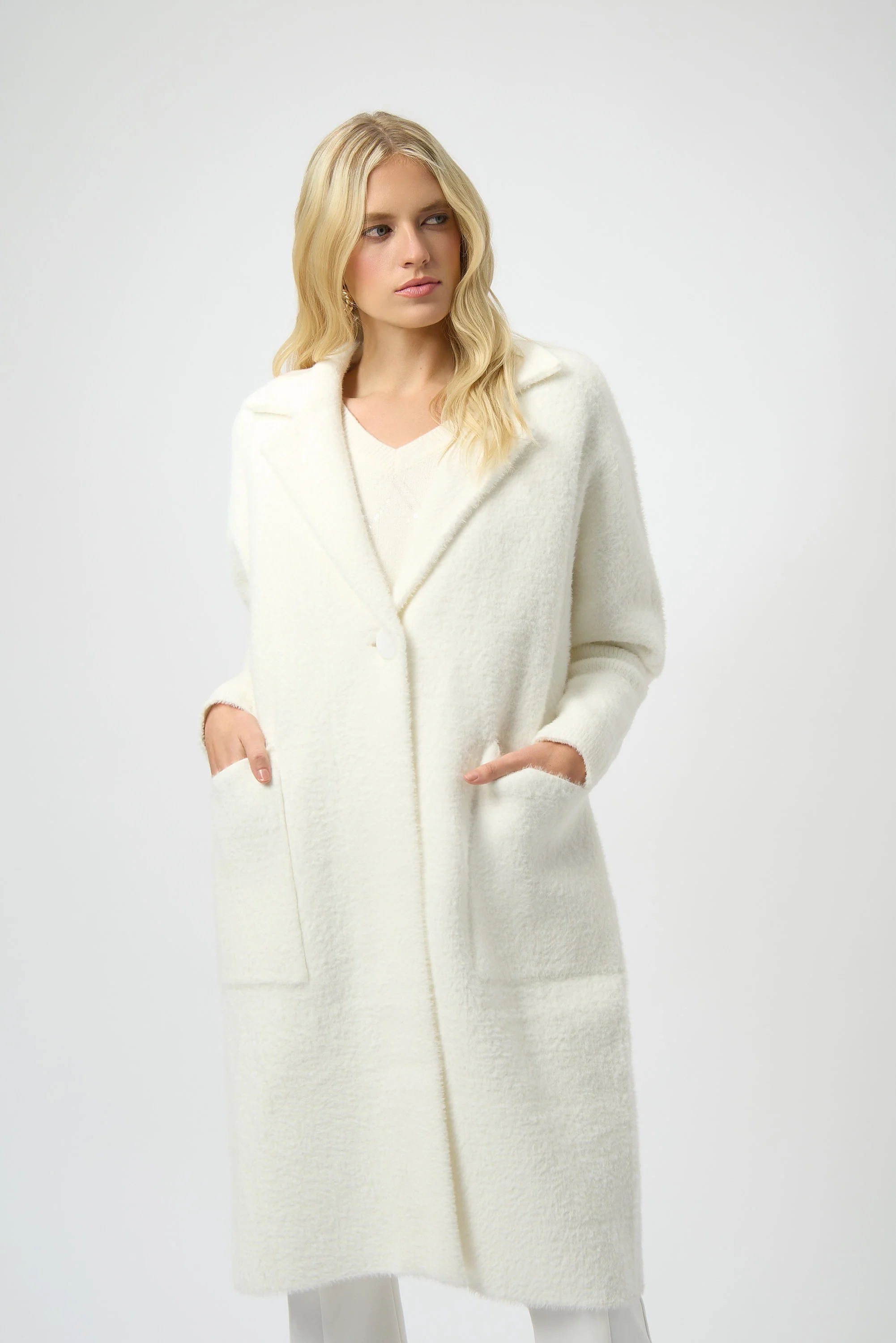 Joseph Ribkoff Feather Yarn and Faux Fur Sweater Coat Style 254954 - Image 10