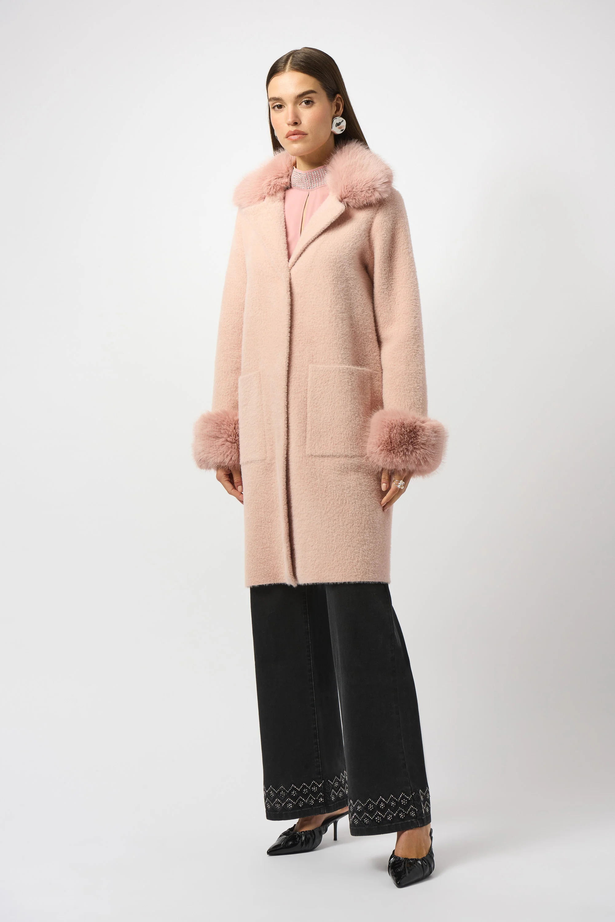Joseph Ribkoff Feather Yarn Faux Fur Coat Style 243923