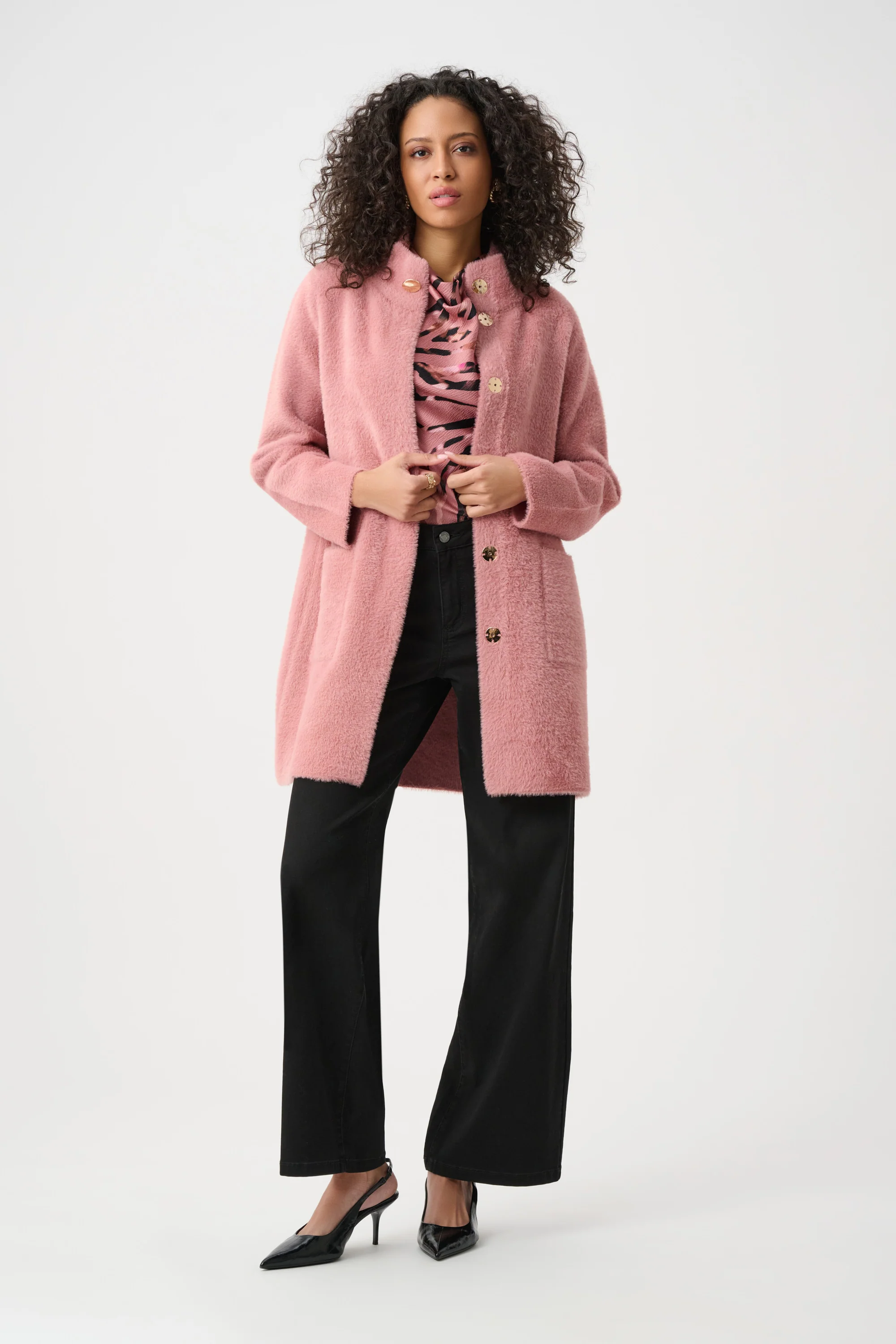 Joseph Ribkoff Feather Yarn Mock-Neck Coat Style 263955 - Image 3