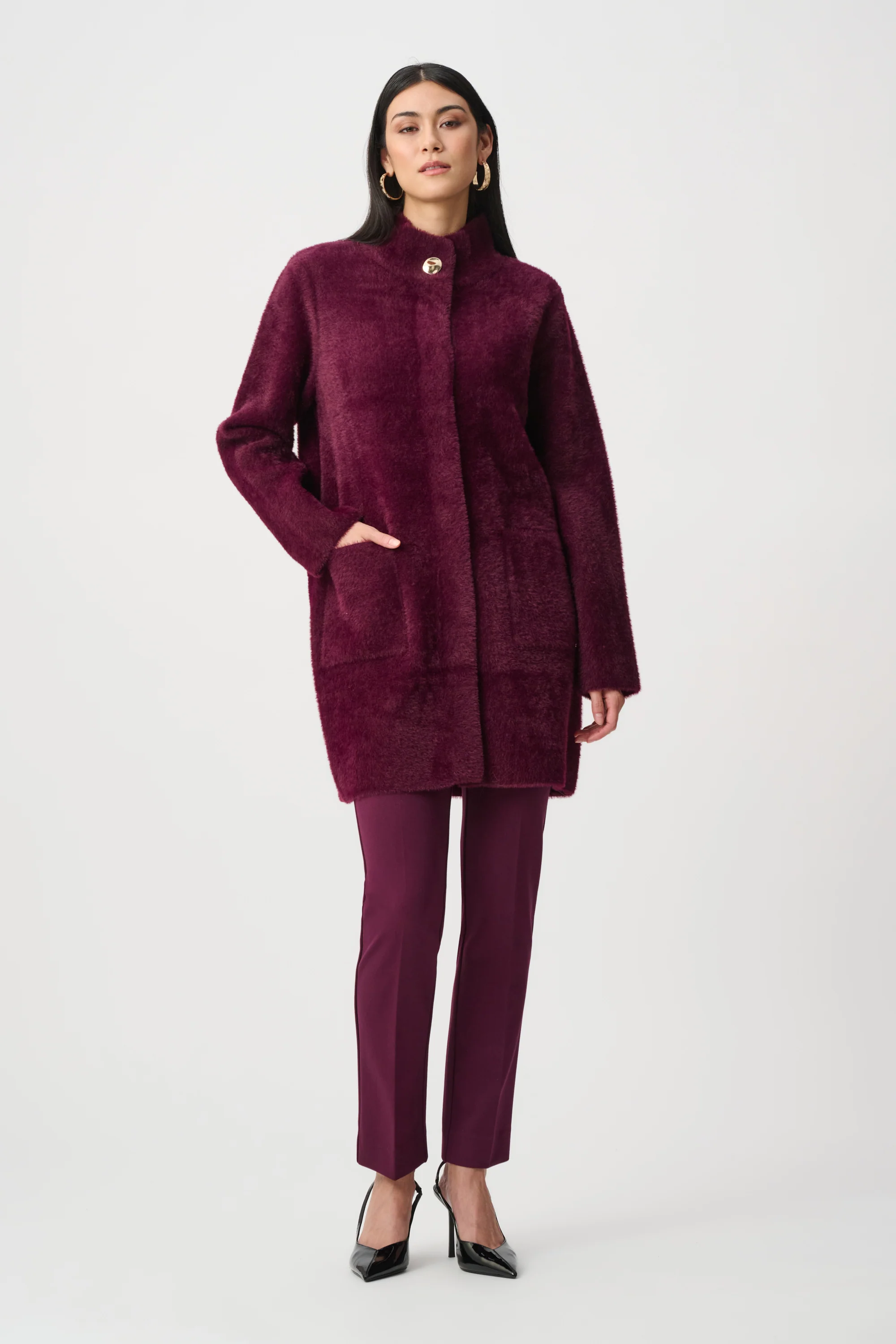 Joseph Ribkoff Feather Yarn Mock-Neck Coat Style 263955 - Image 8
